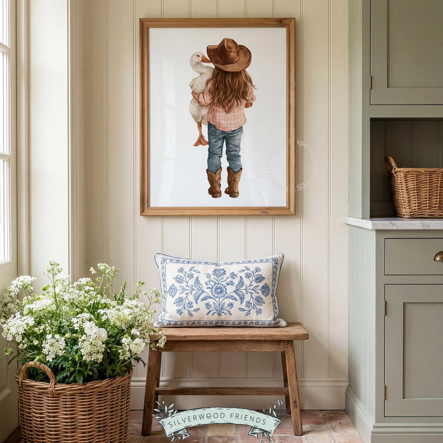 Little cowgirl holding duck printable art for nursery — soft watercolor farm animal portrait with rustic charm
