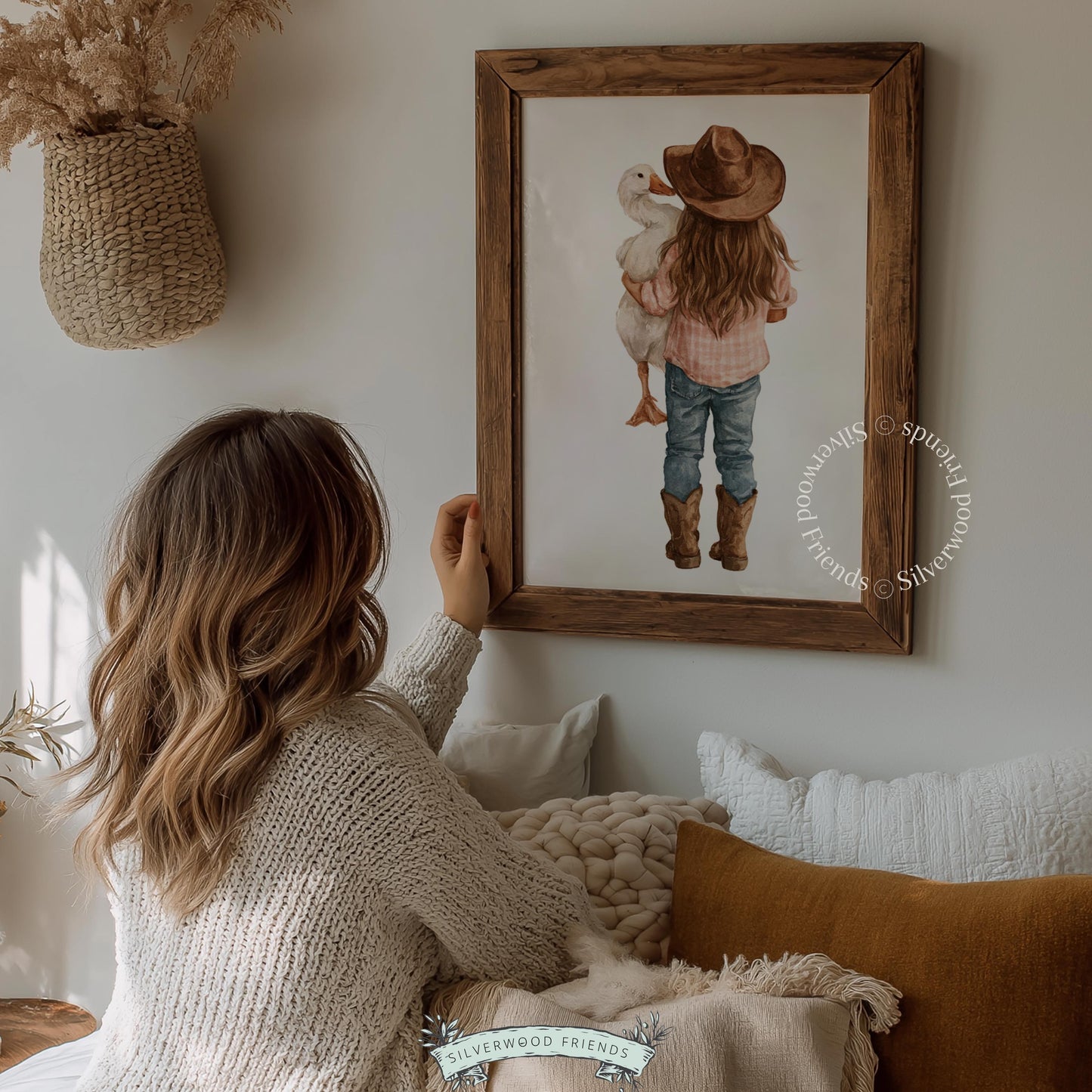 Girl with goose wall decor for nursery — charming rural-themed artwork perfect for farm-style kids spaces
