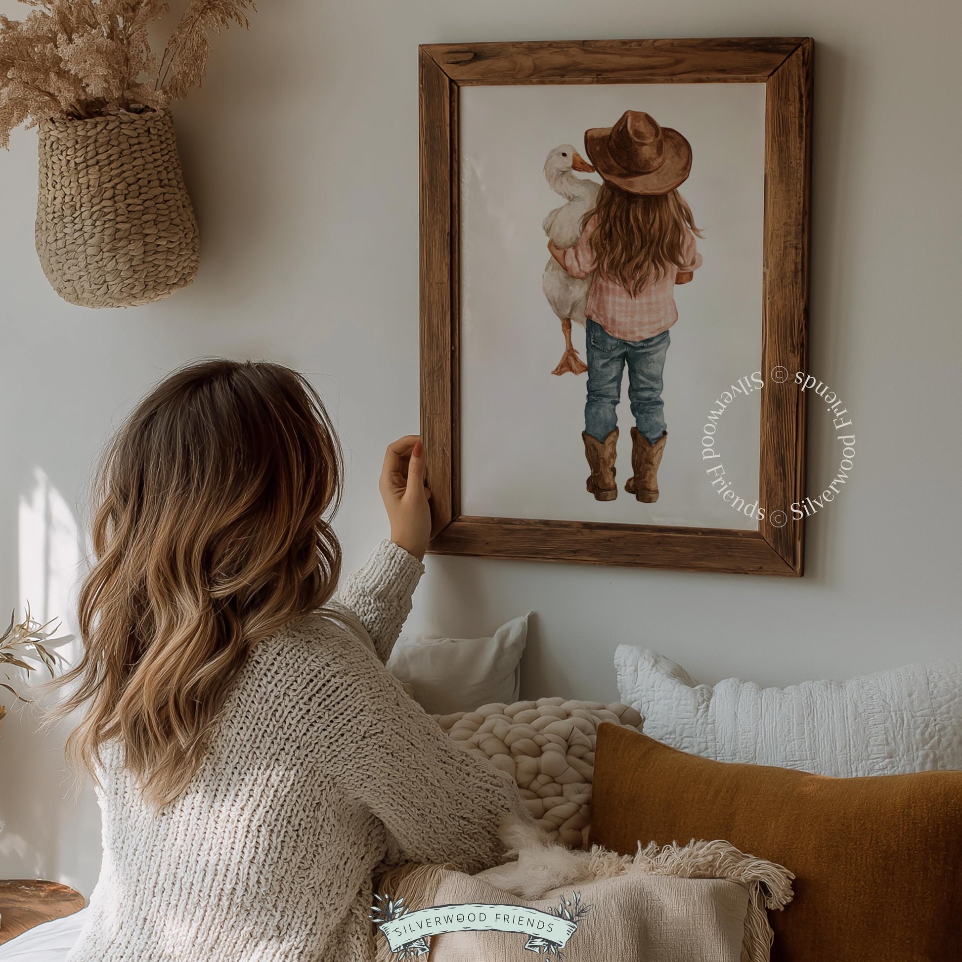 Girl with goose wall decor for nursery — charming rural-themed artwork perfect for farm-style kids spaces