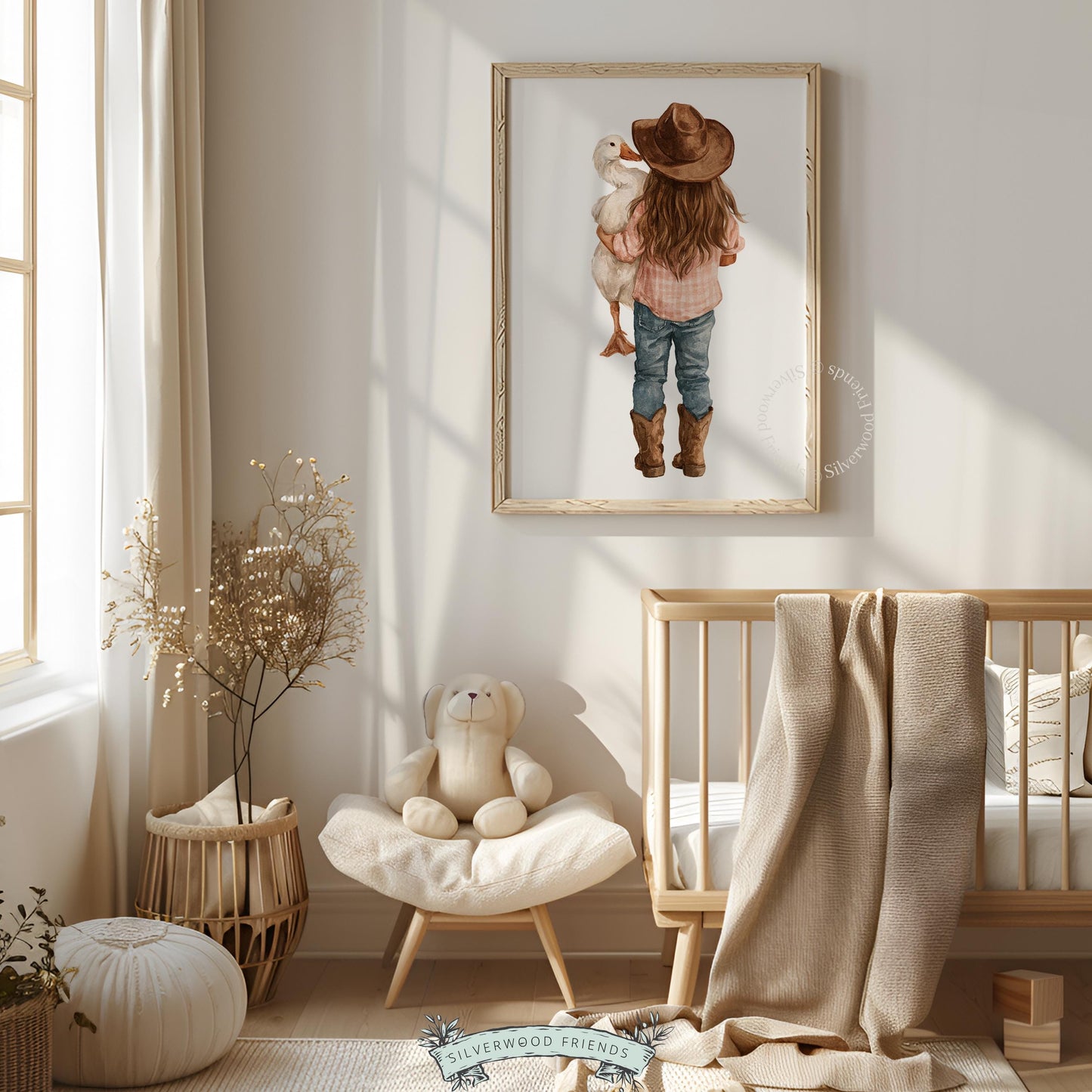 Cowgirl hugging duck digital wall art for toddler bedroom — sweet pastoral watercolor with rustic farmhouse charm