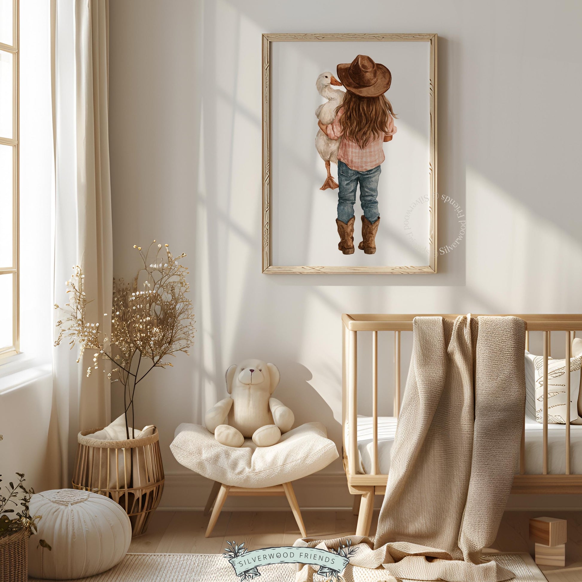 Cowgirl hugging duck digital wall art for toddler bedroom — sweet pastoral watercolor with rustic farmhouse charm