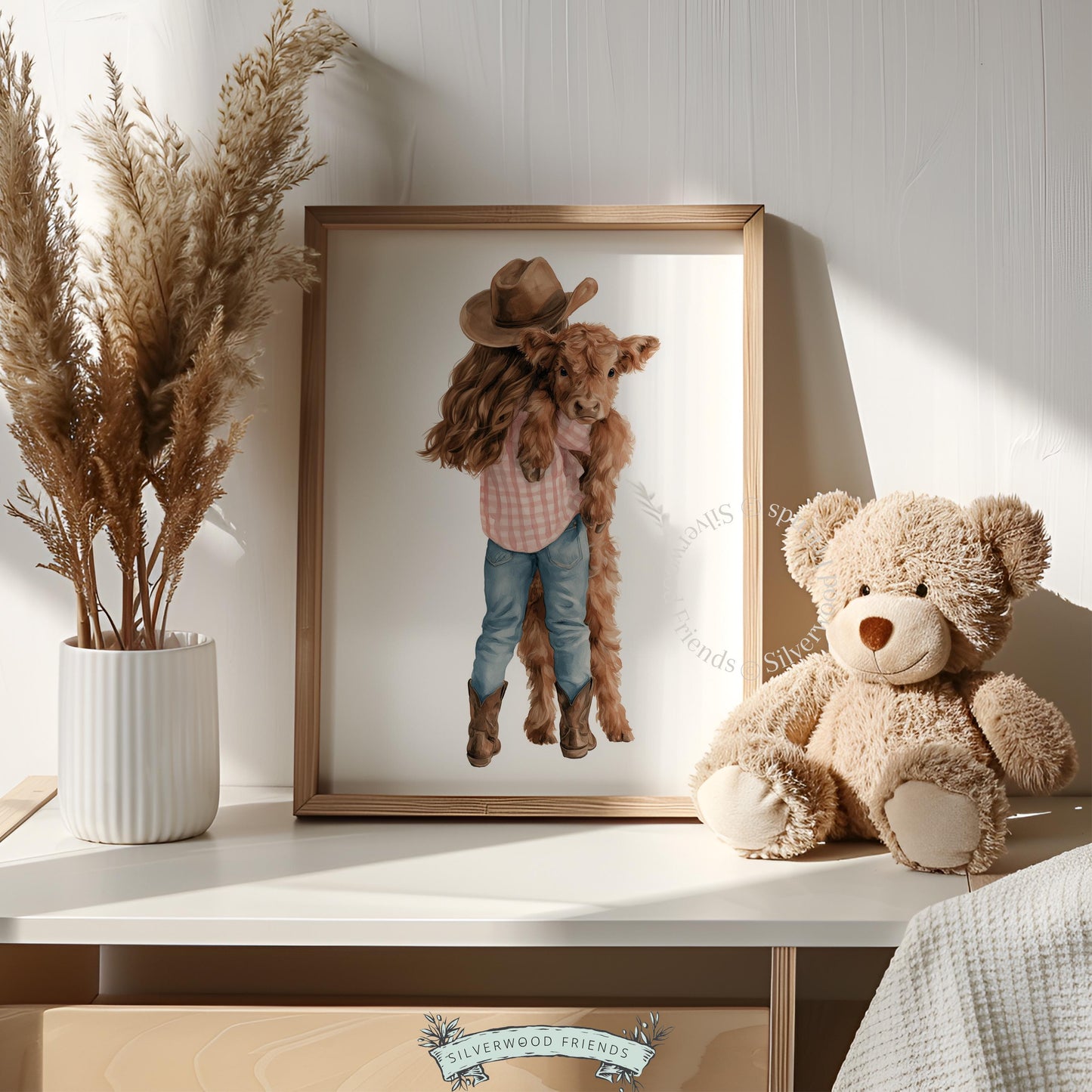 Cowgirl hugging Highland calf digital print for playroom — charming farm animal illustration in gentle watercolor style