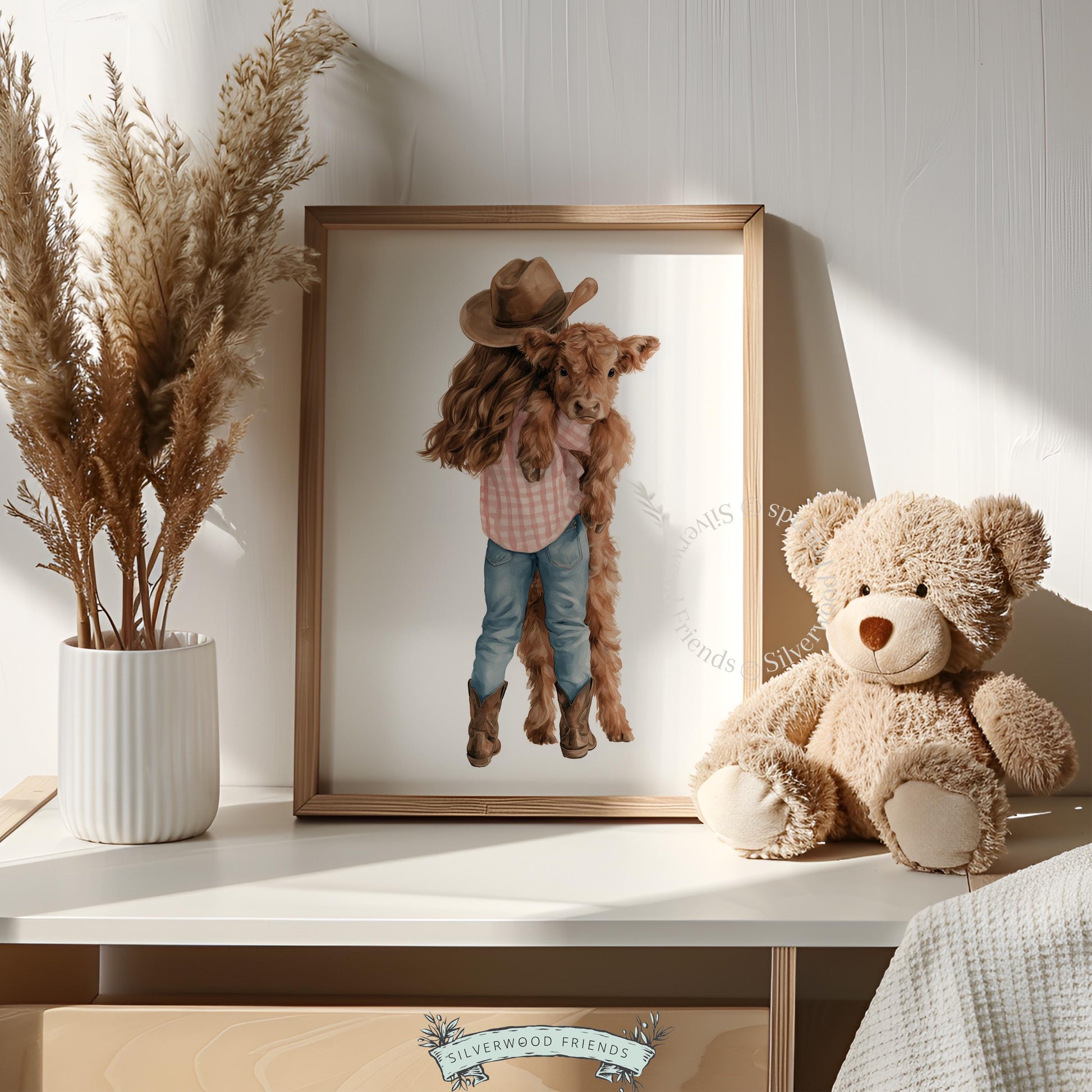 Cowgirl hugging Highland calf digital print for playroom — charming farm animal illustration in gentle watercolor style