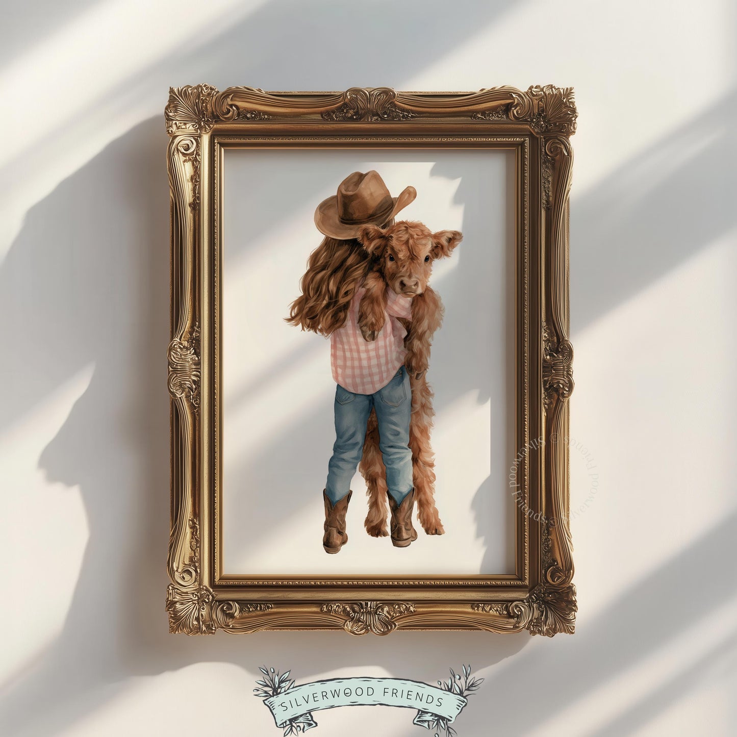 Girl and fluffy cow picture printable art for toddler room — adorable pastoral artwork with soft neutral colors