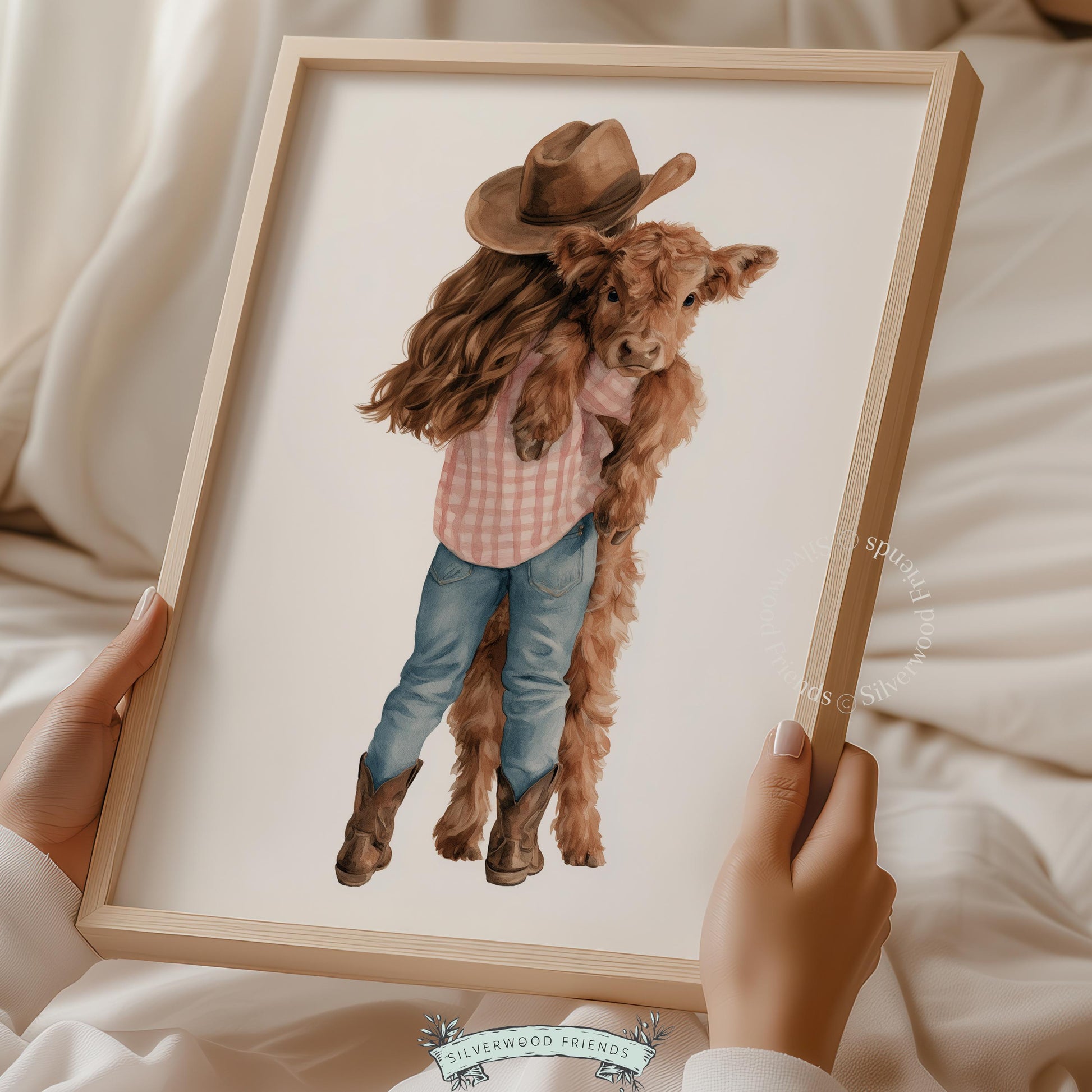 Young girl embracing Highland calf digital art for playroom — whimsical Western farmhouse illustration with warm color palette