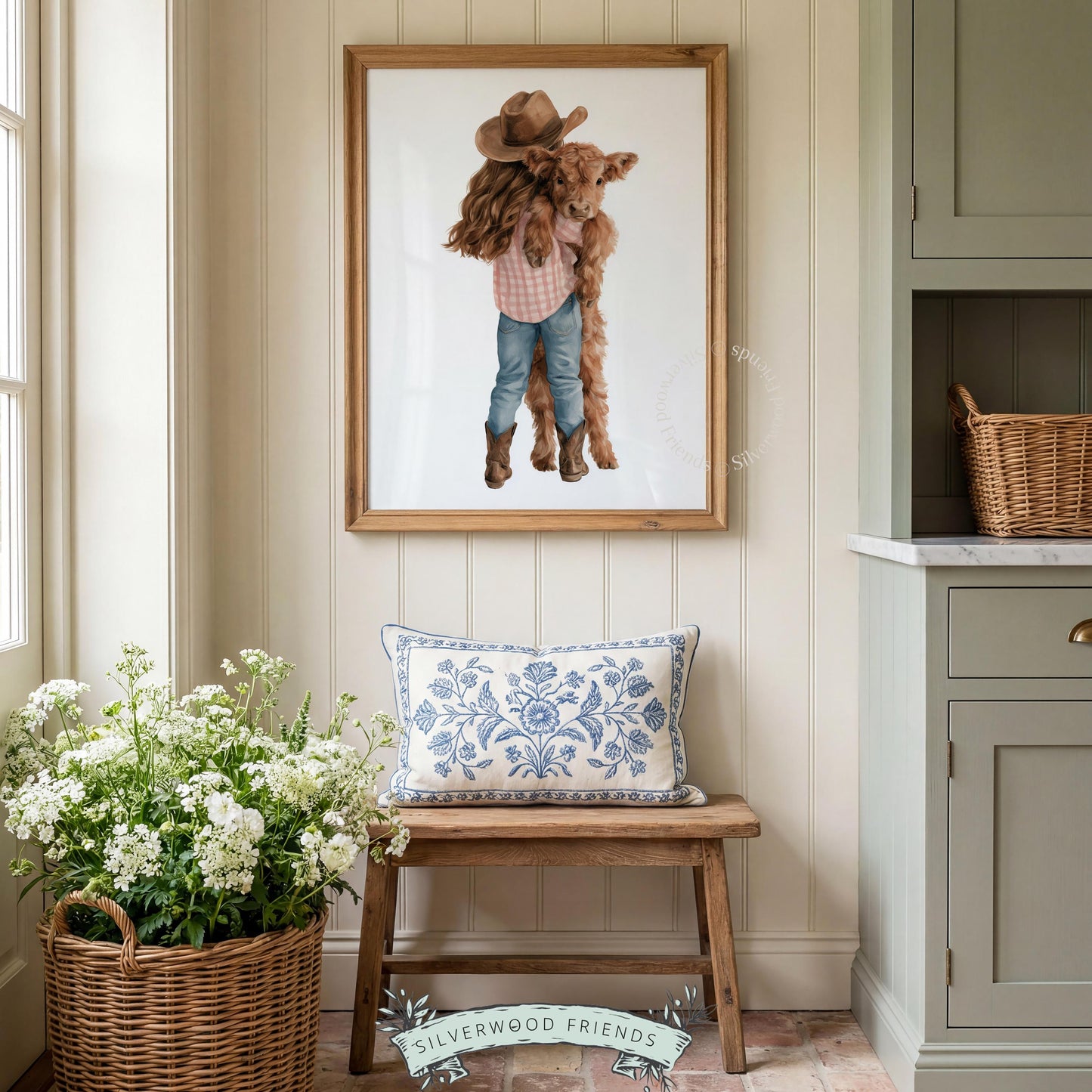 Cowgirl with fluffy baby Highland cow picture print for toddler room — sweet rural-themed artwork with soft watercolor aesthetic