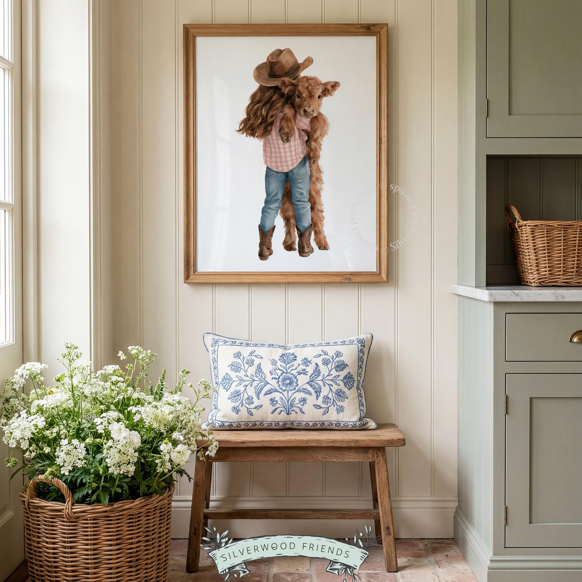 Cowgirl with fluffy baby Highland cow picture print for toddler room — sweet rural-themed artwork with soft watercolor aesthetic