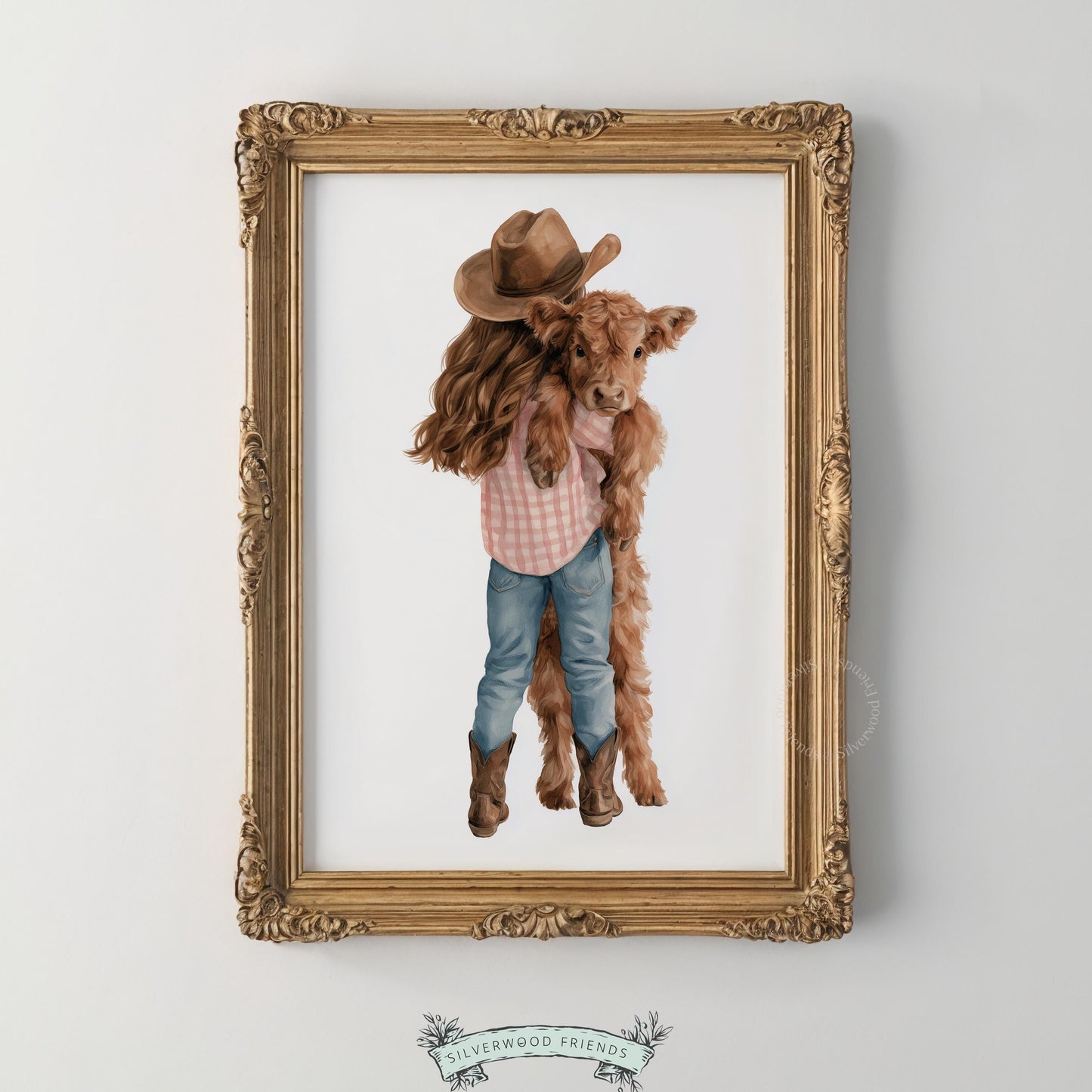 Highland cow and cowgirl poster wall decor for kids' nursery — heartwarming farm animal artwork with cozy countryside appeal