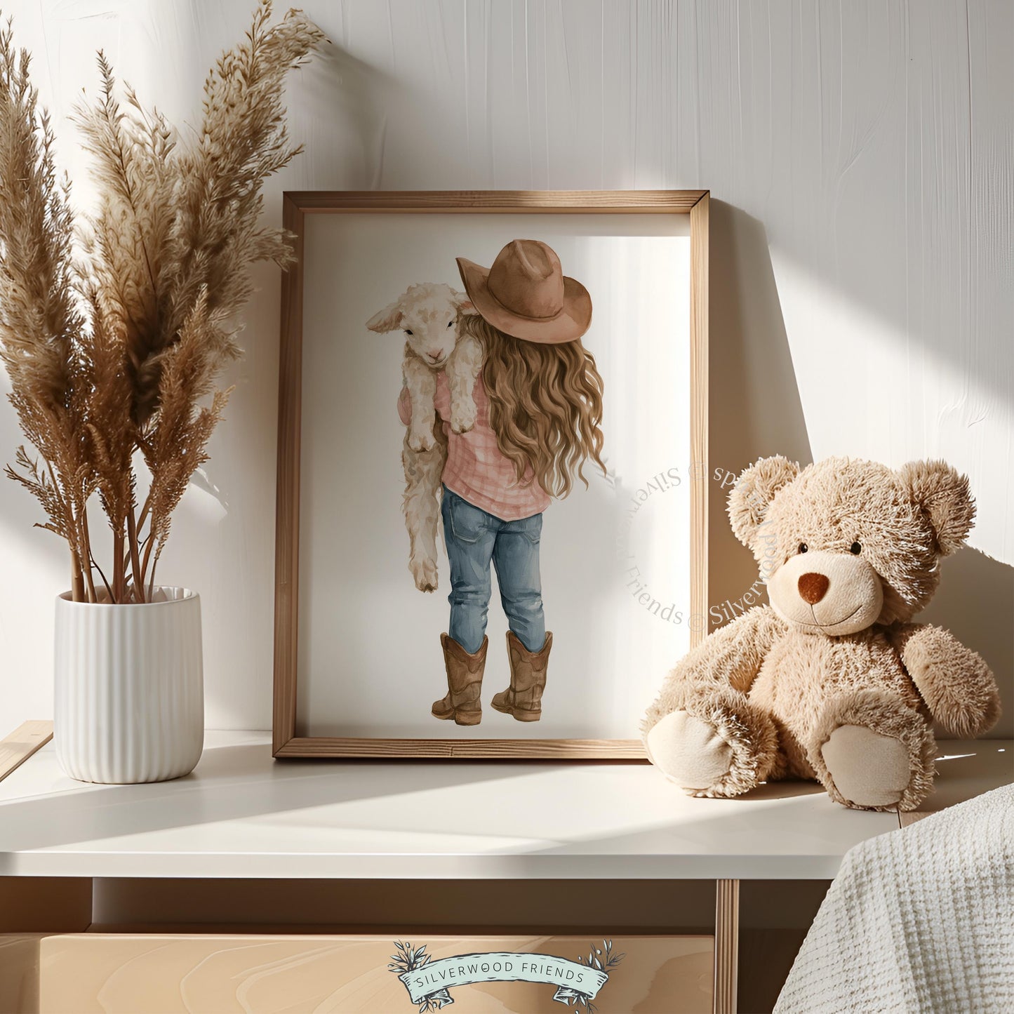 Cowgirl and lamb instant download poster for western baby room — gentle farmstead illustration with soft, inviting color scheme