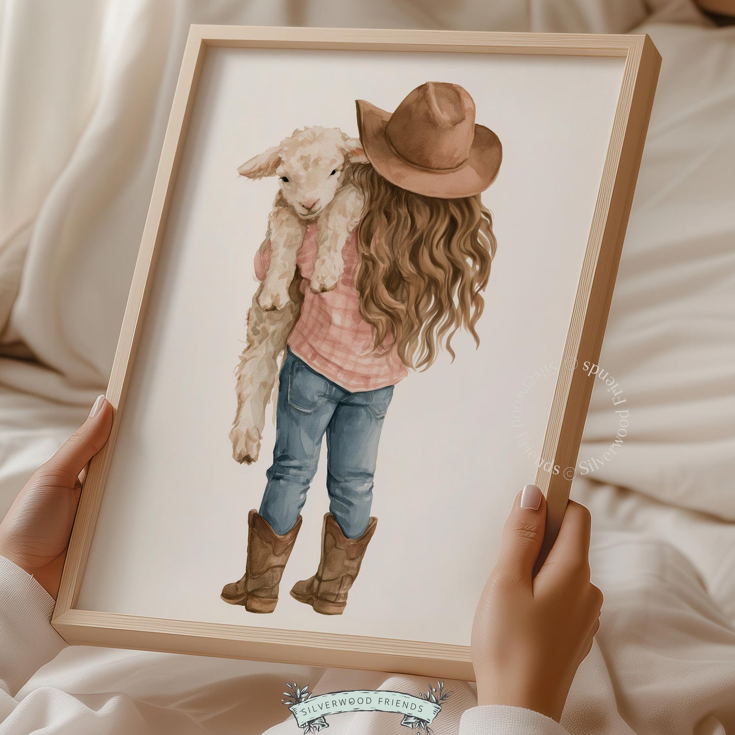 Rancher holding sheep wall decor for farm playroom — sweet country-style artwork in soft watercolor with warm rustic charm