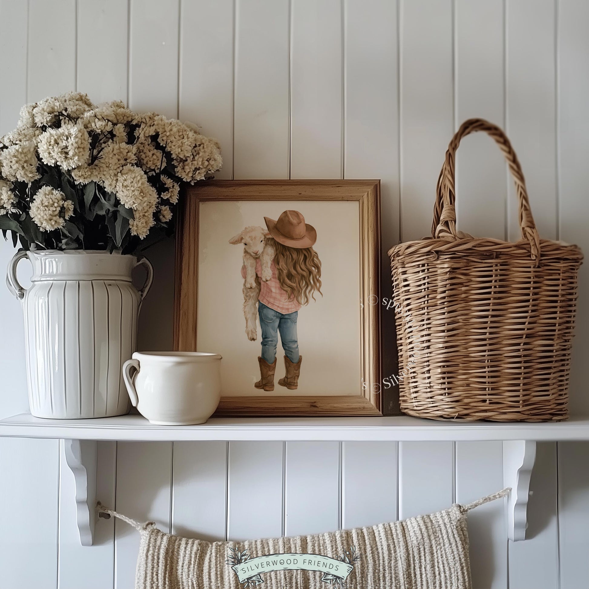 Young rancher carrying sheep picture for toddler room — gentle pastoral art with warm, inviting cottage-core feel