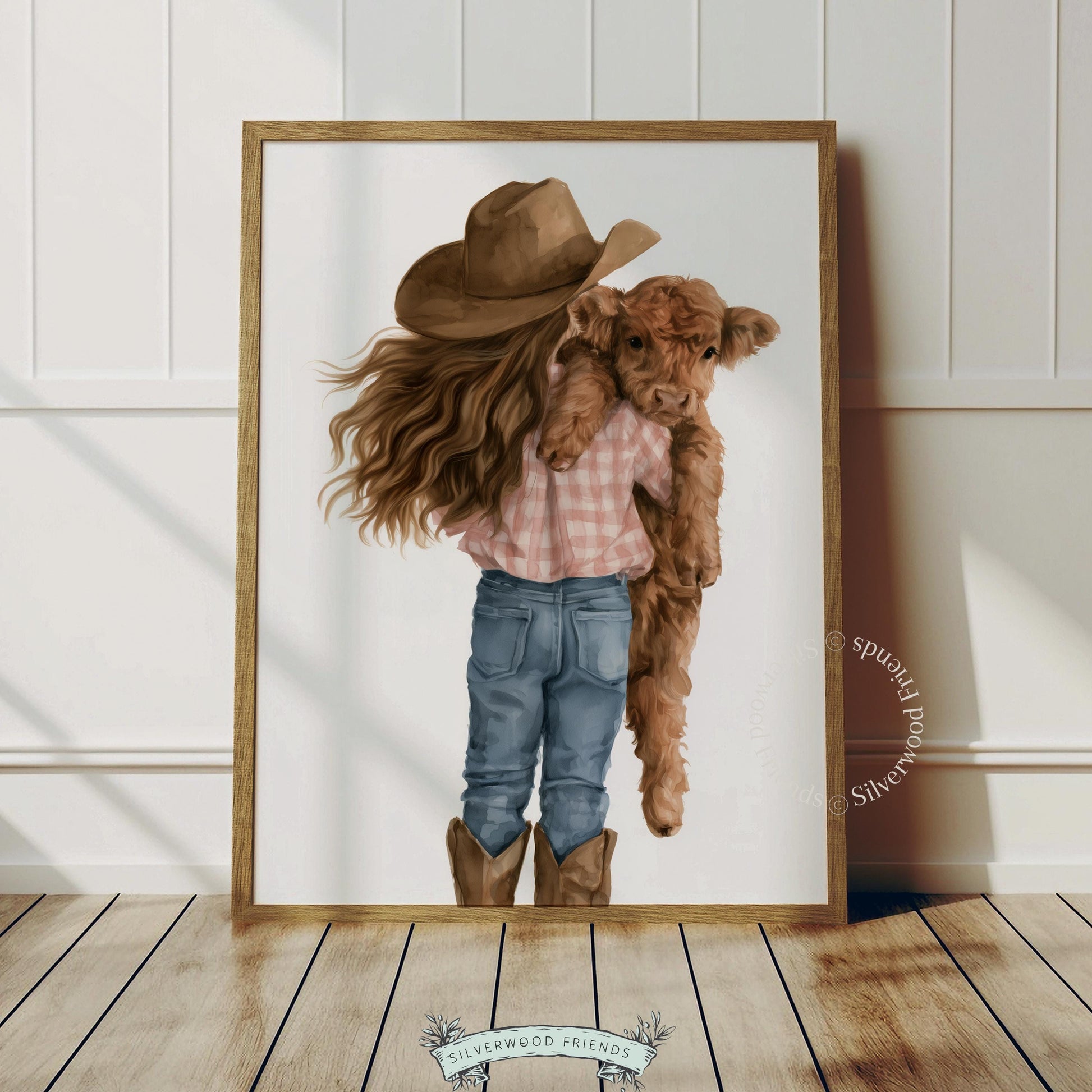 Highland calf with young cowgirl picture for western nursery — light watercolor farmhouse charm and warmth