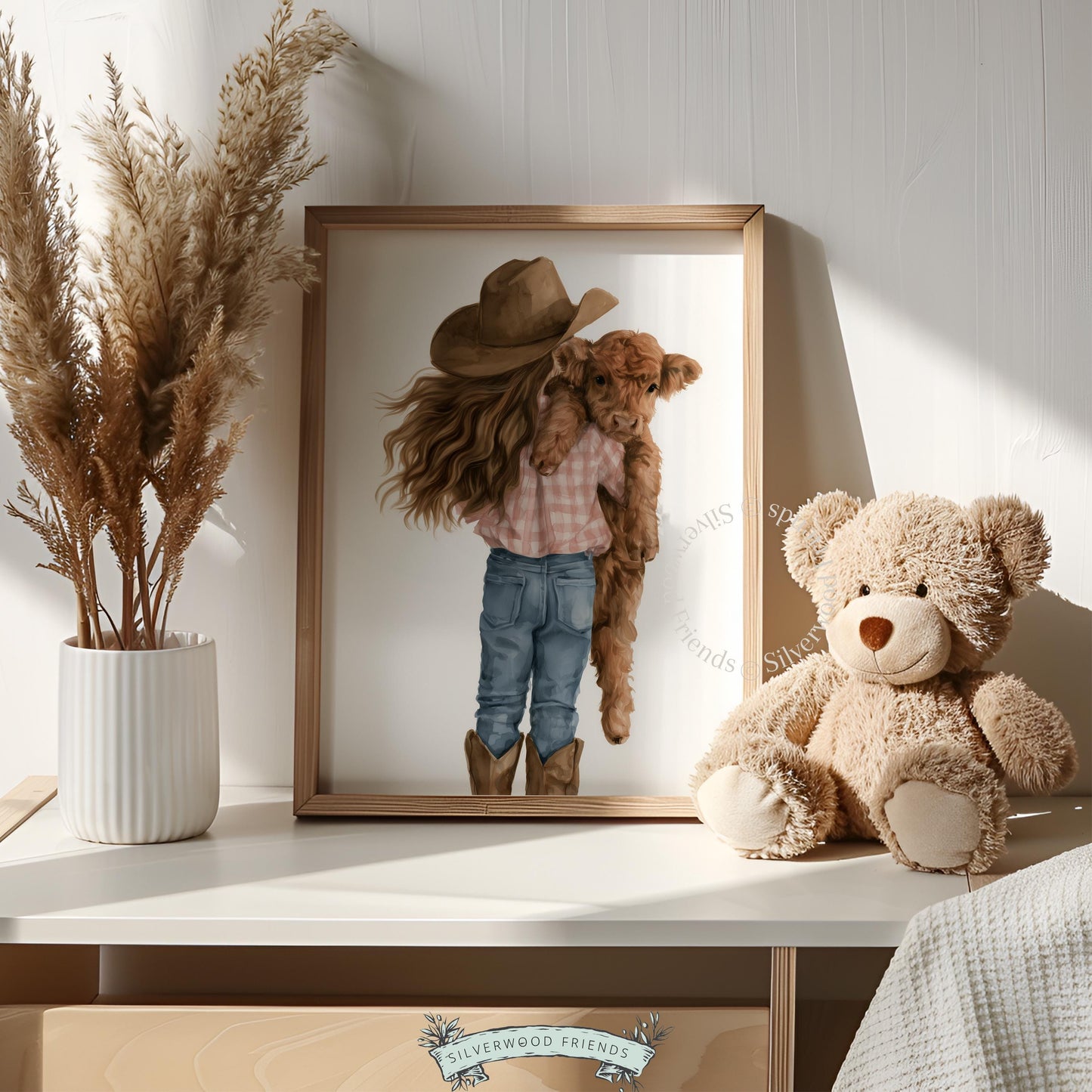 Adorable cowgirl with baby cow wall art for toddler bedroom — soft farmhouse western watercolor print