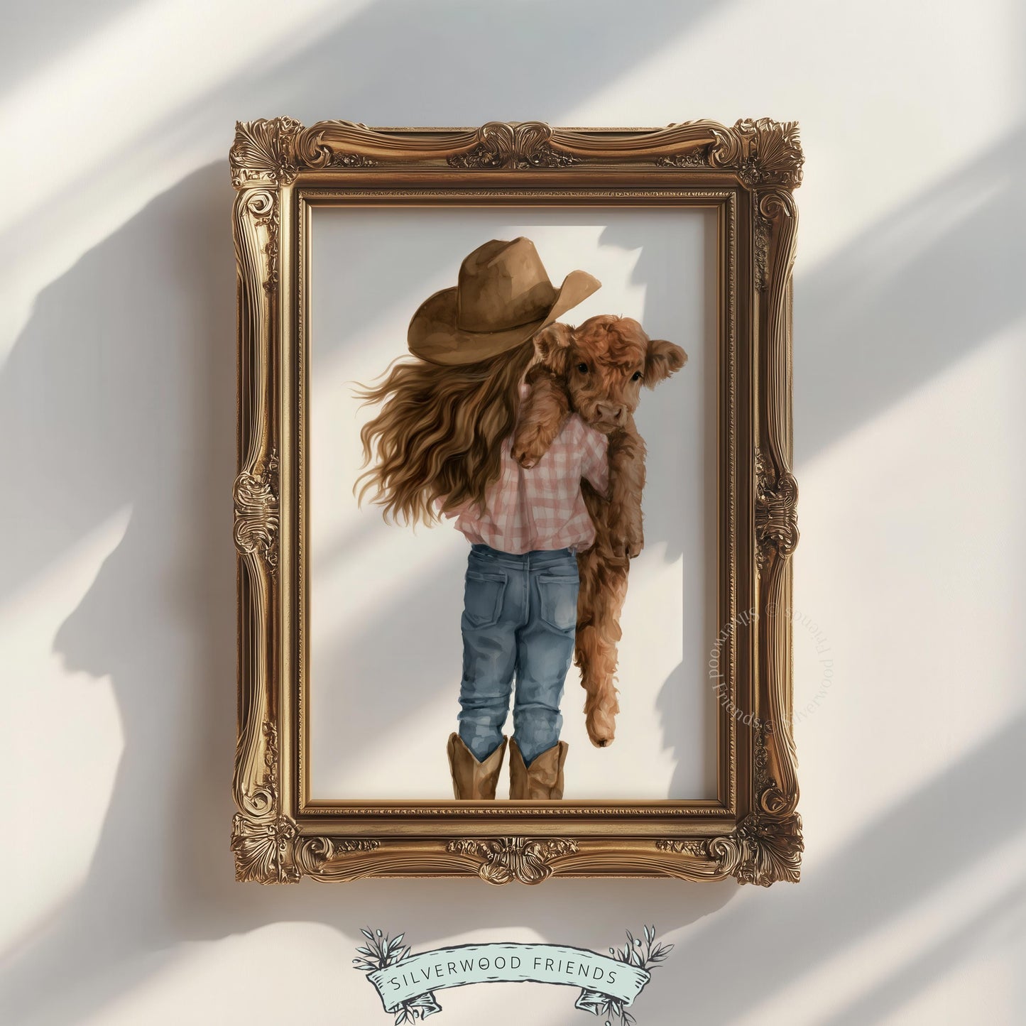 Adorable cowgirl and fuzzy brown calf artwork for playroom — soft cottage-style farm animal design
