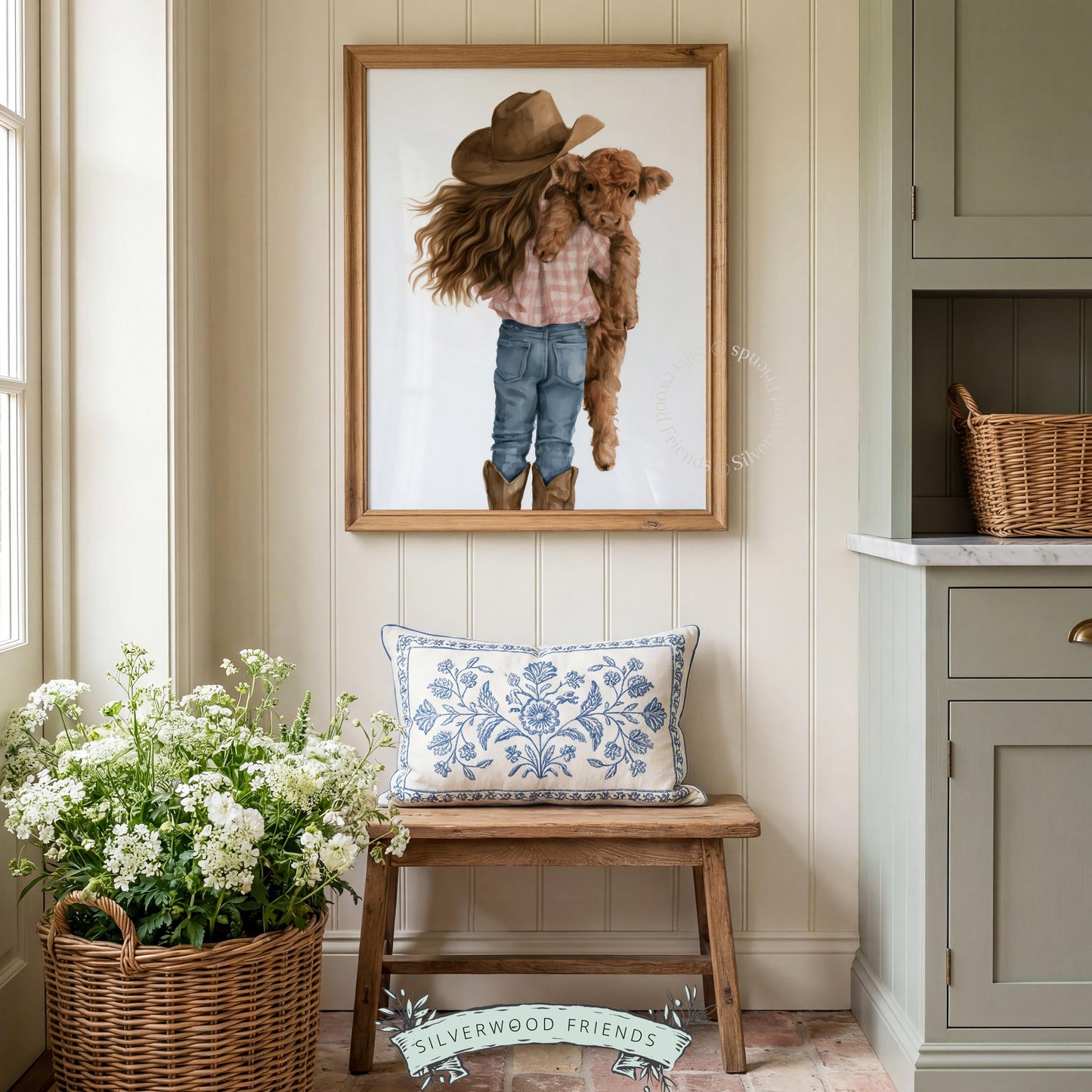 Girl in cowboy boots holding Highland calf poster for farmhouse nursery — light gentle pastoral artwork