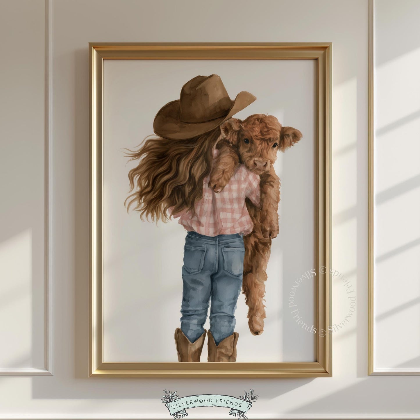 Little cowgirl holding fluffy Highland calf printable art for nursery — soft watercolor western farmhouse style