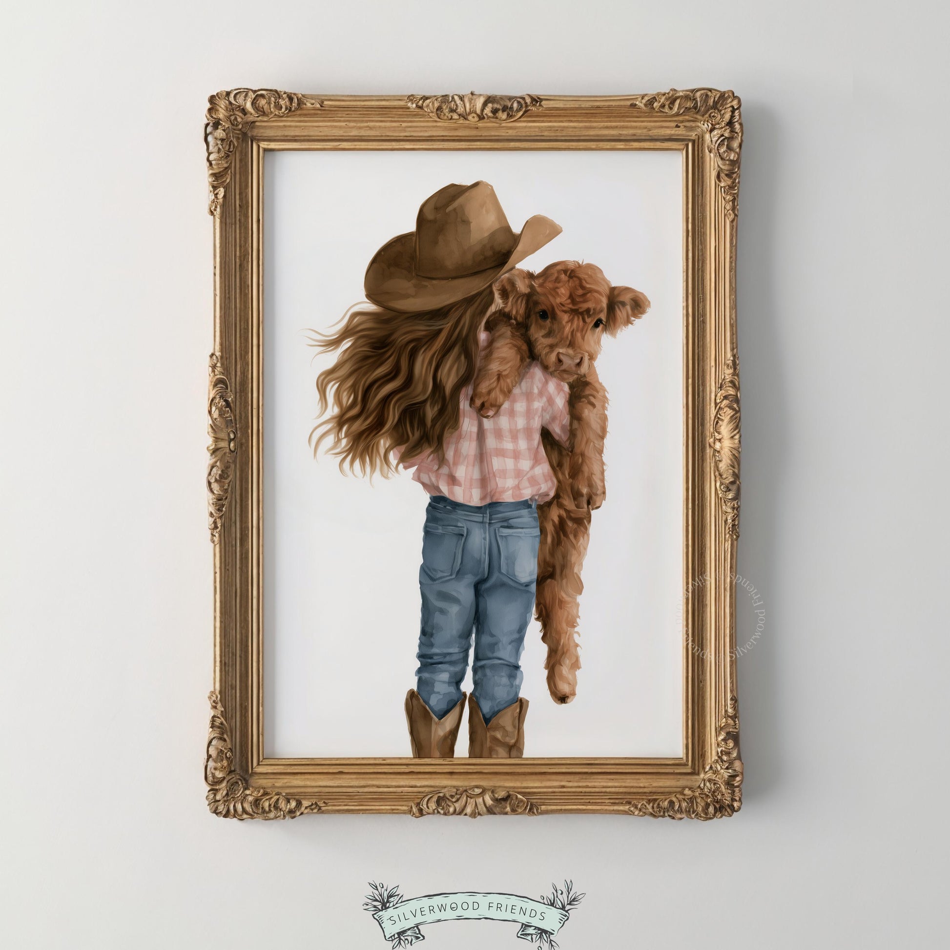 Baby cow and long-haired girl in pink gingham wall decor for kids — rustic barnyard illustration