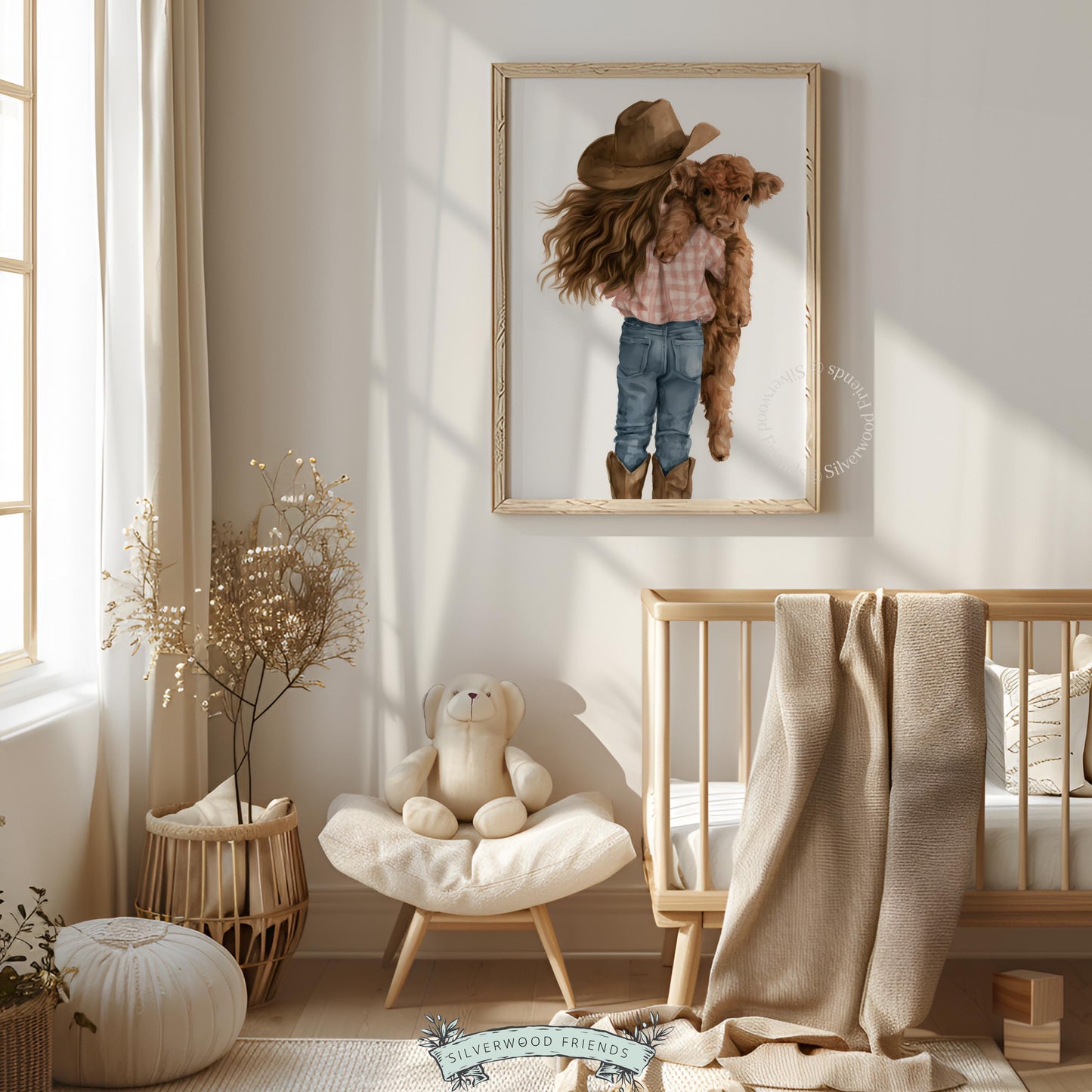 Cowgirl holding fluffy calf digital download for farmhouse bedroom — gentle pastoral watercolor scene