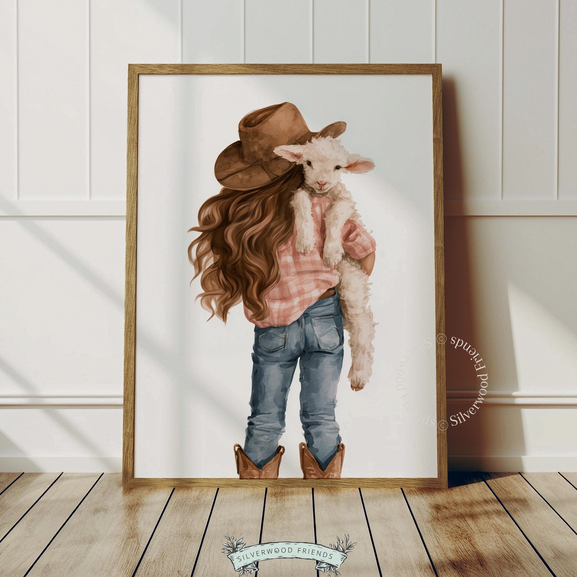 Country girl and sheep poster for baby room — soft brushwork illustration capturing cozy farm vibes