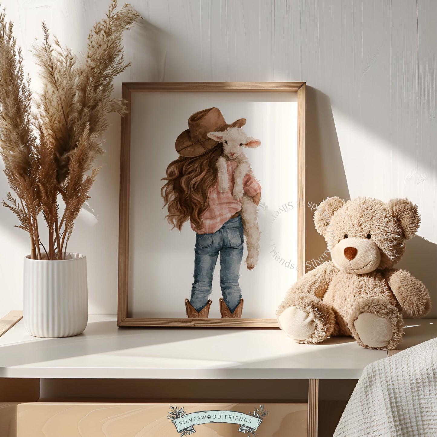 Farmhouse lamb illustration printable for nursery — adorable girl in cowboy hat and plaid shirt artwork