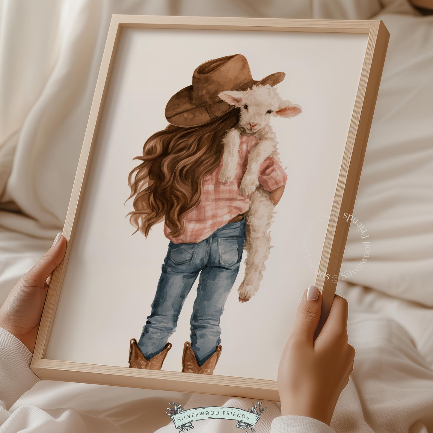 Girl cradling baby sheep wall art for children's room — charming watercolor print with pastoral appeal