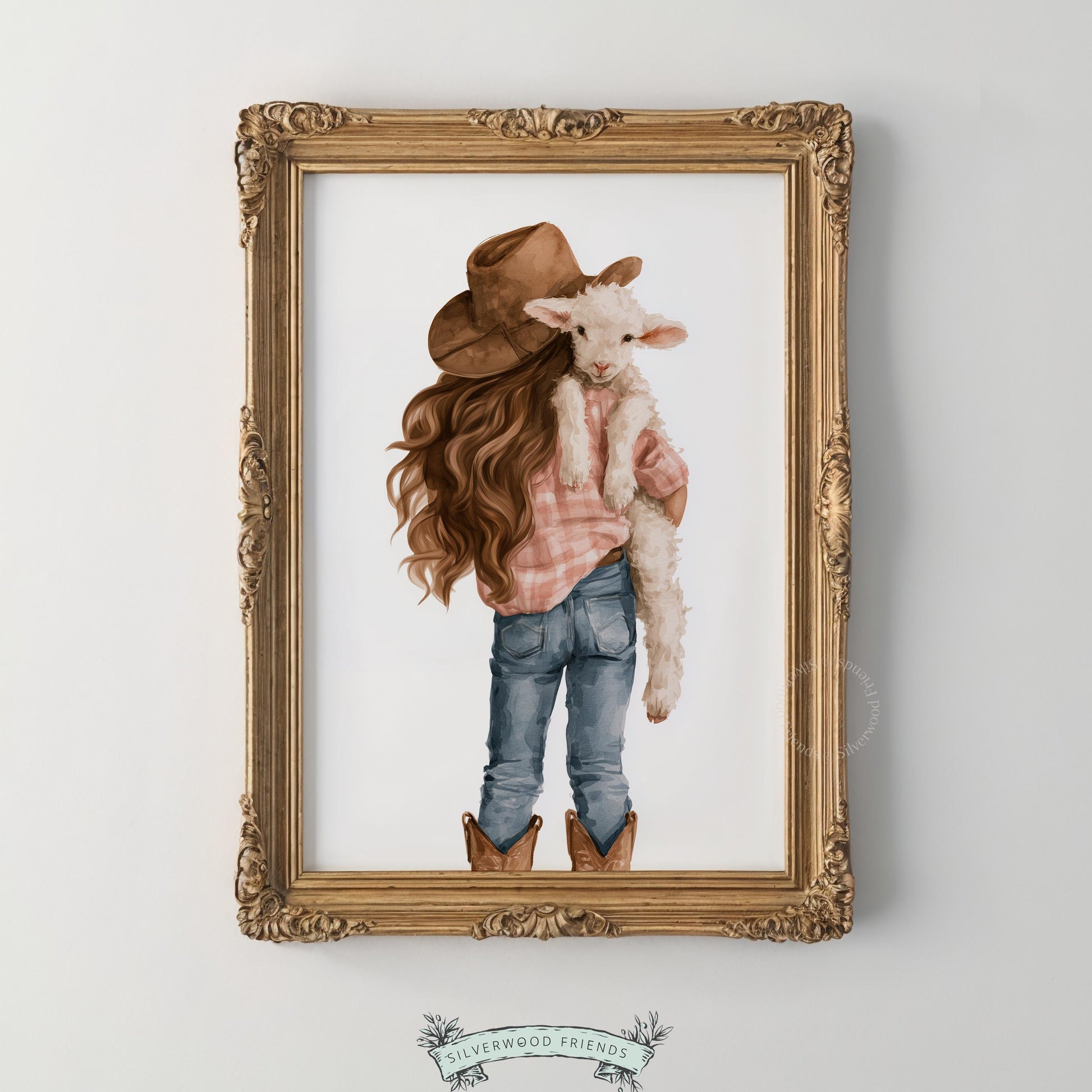 Pastoral farmland print digital art for nursery decor — young child embracing woolly animal in countryside style