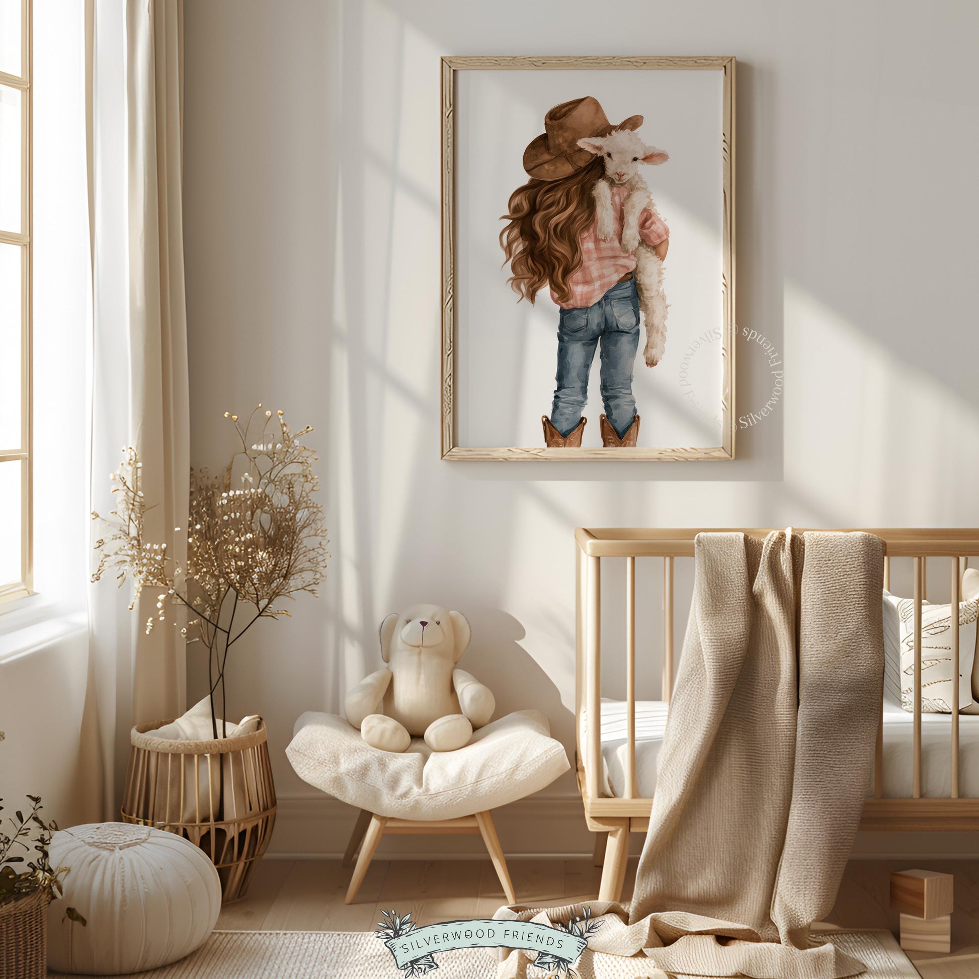 Adorable western girl art print for baby bedroom — tender moment between child and farm animal