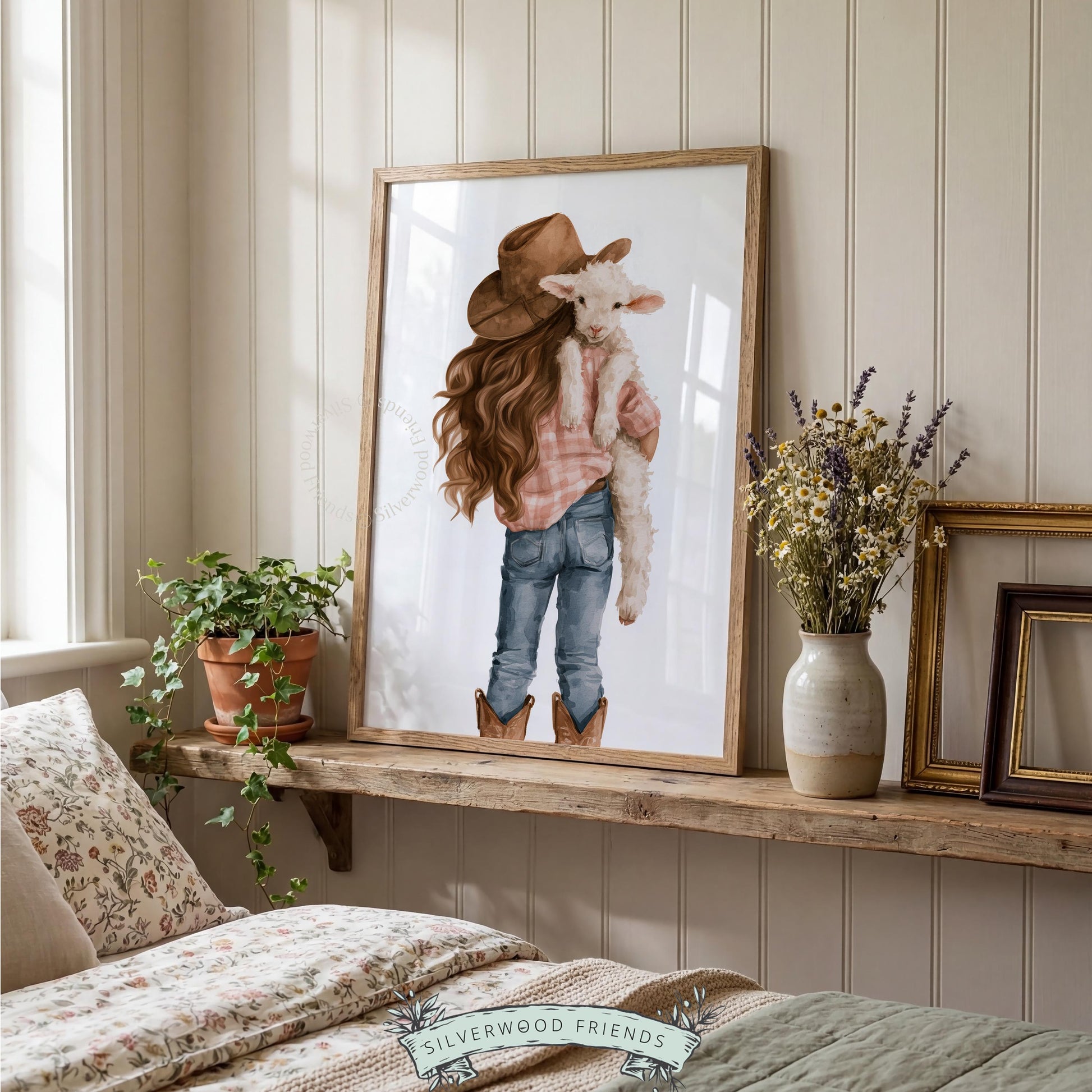 Young girl holding baby lamb printable art for nursery — soft watercolor farmhouse illustration with cowgirl charm
