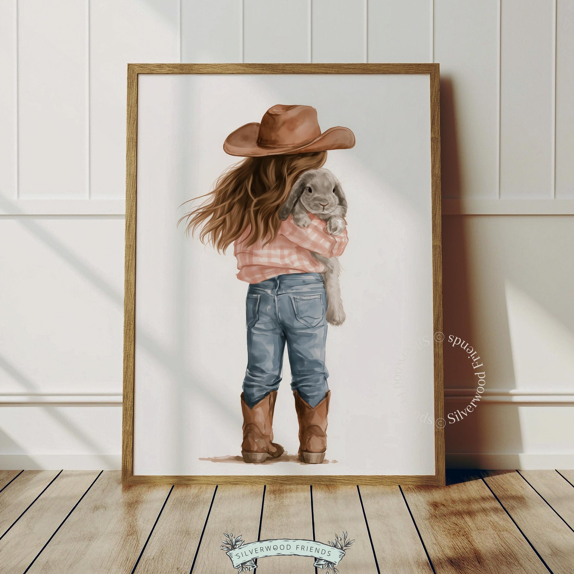 Young cowgirl and fluffy bunny digital artwork for baby nursery — warm cozy watercolor with pastoral charm