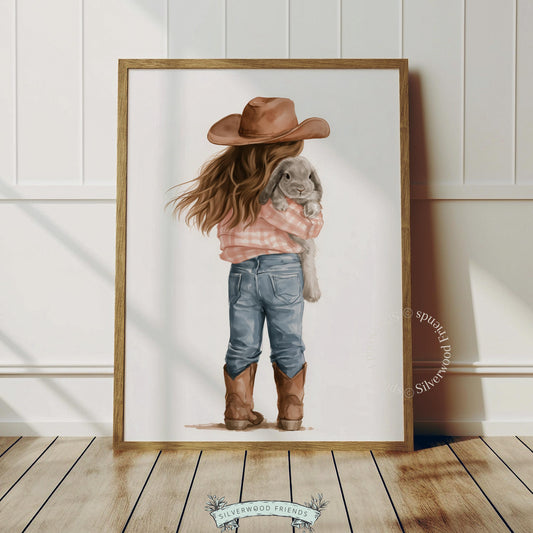 Young cowgirl and fluffy bunny digital artwork for baby nursery — warm cozy watercolor with pastoral charm