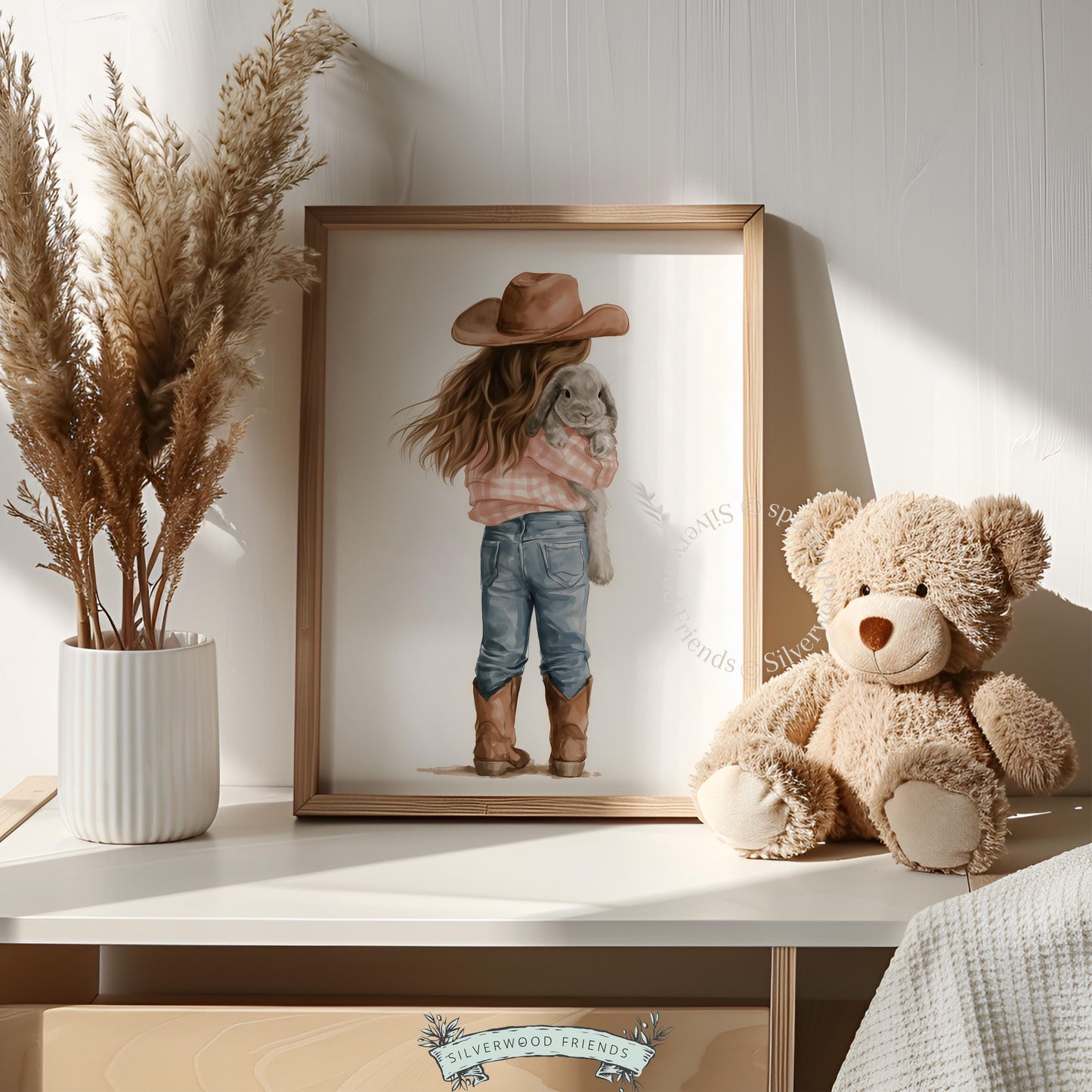 Girl in plaid and cowboy boots with bunny picture for playroom — gentle watercolor country animal art
