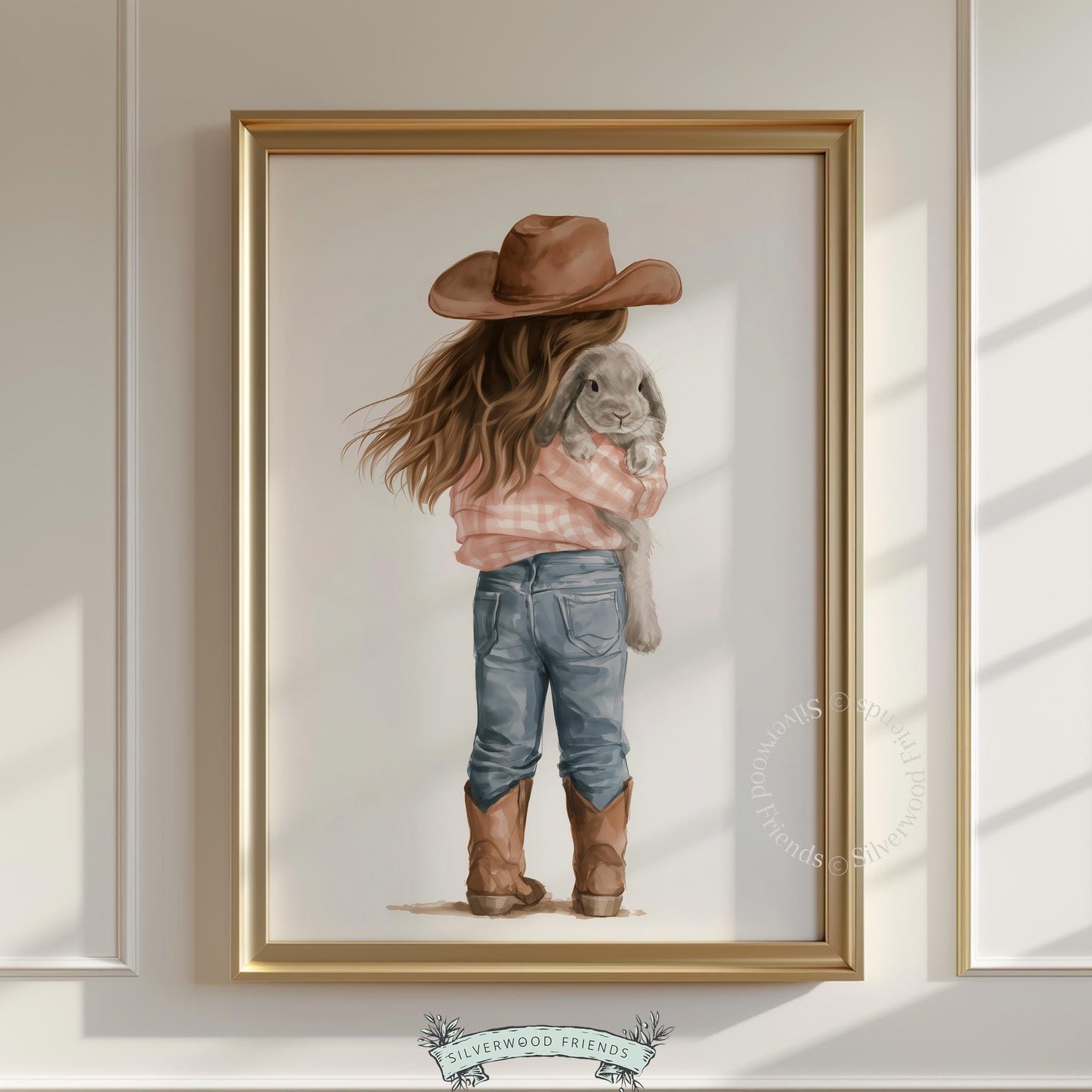 Child with lop-eared bunny poster for kids room — warm neutral tones and sweet rustic aesthetic