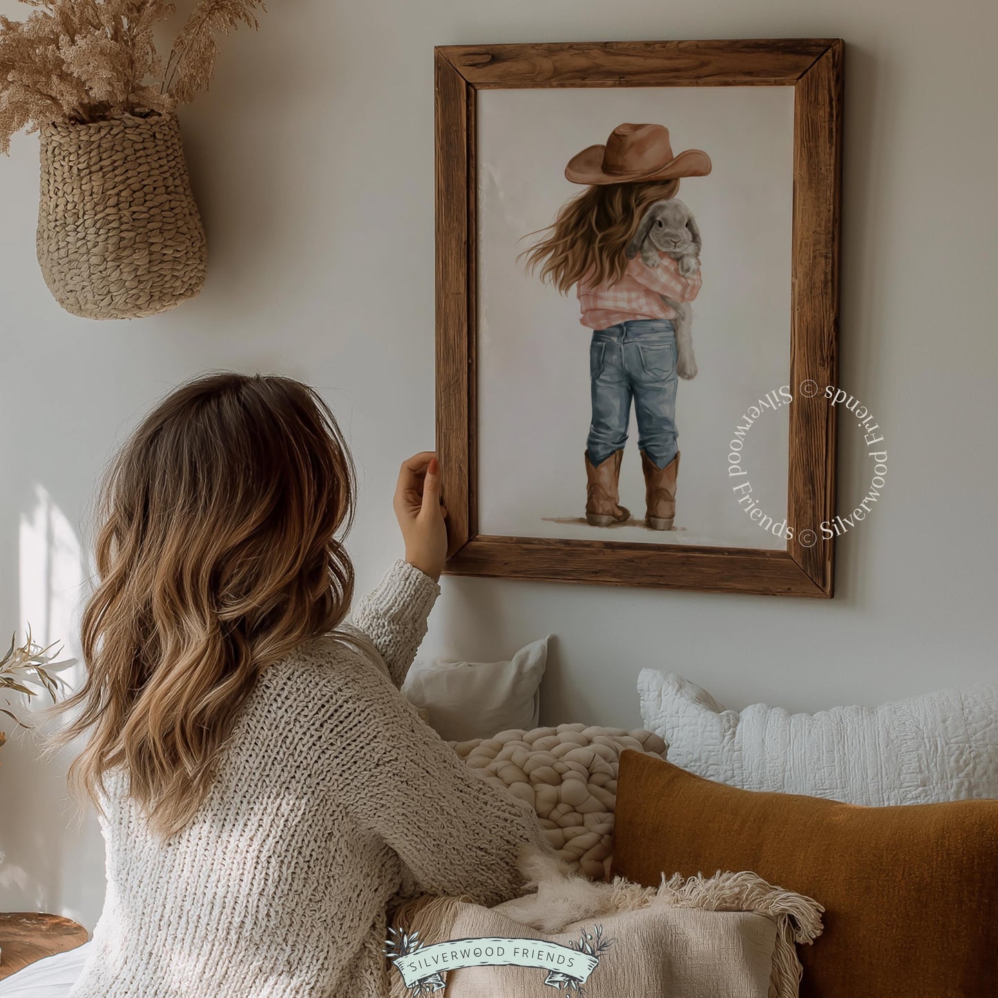 Child hugging lop-eared bunny art print for nursery — sweet rustic countryside style instant download