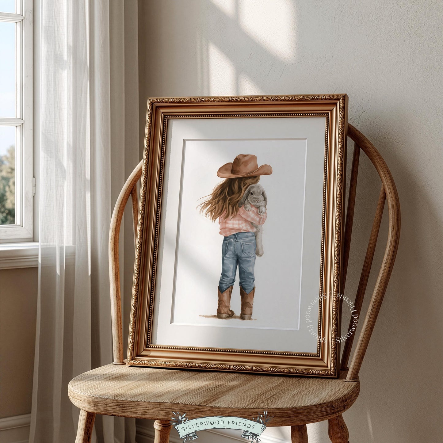 Child and fluffy bunny artwork poster for farmhouse nursery — painterly soft palette country charm aesthetic