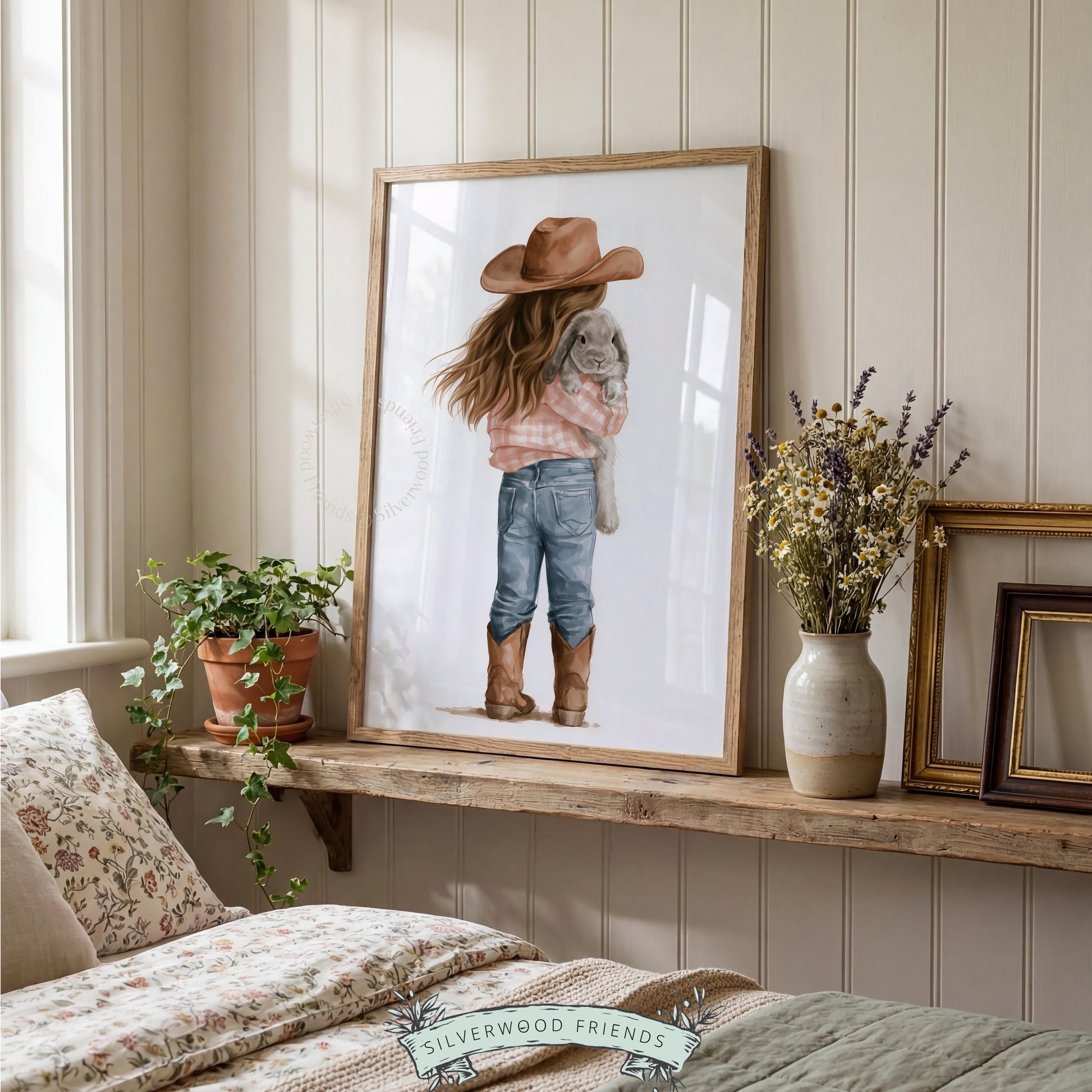 Young girl with lop-eared rabbit digital print for kids room — warm neutral watercolor gentle countryside style