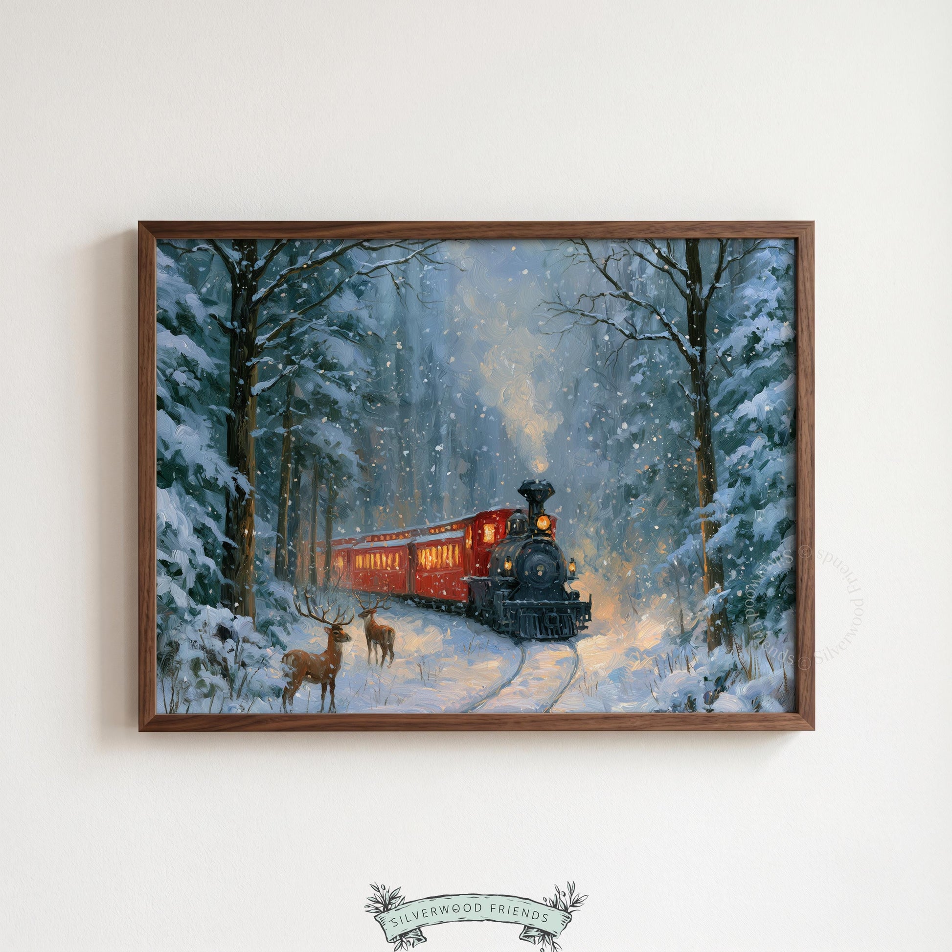 Snowy woodland poster printable art for family room — glowing locomotive and storybook forest aesthetic