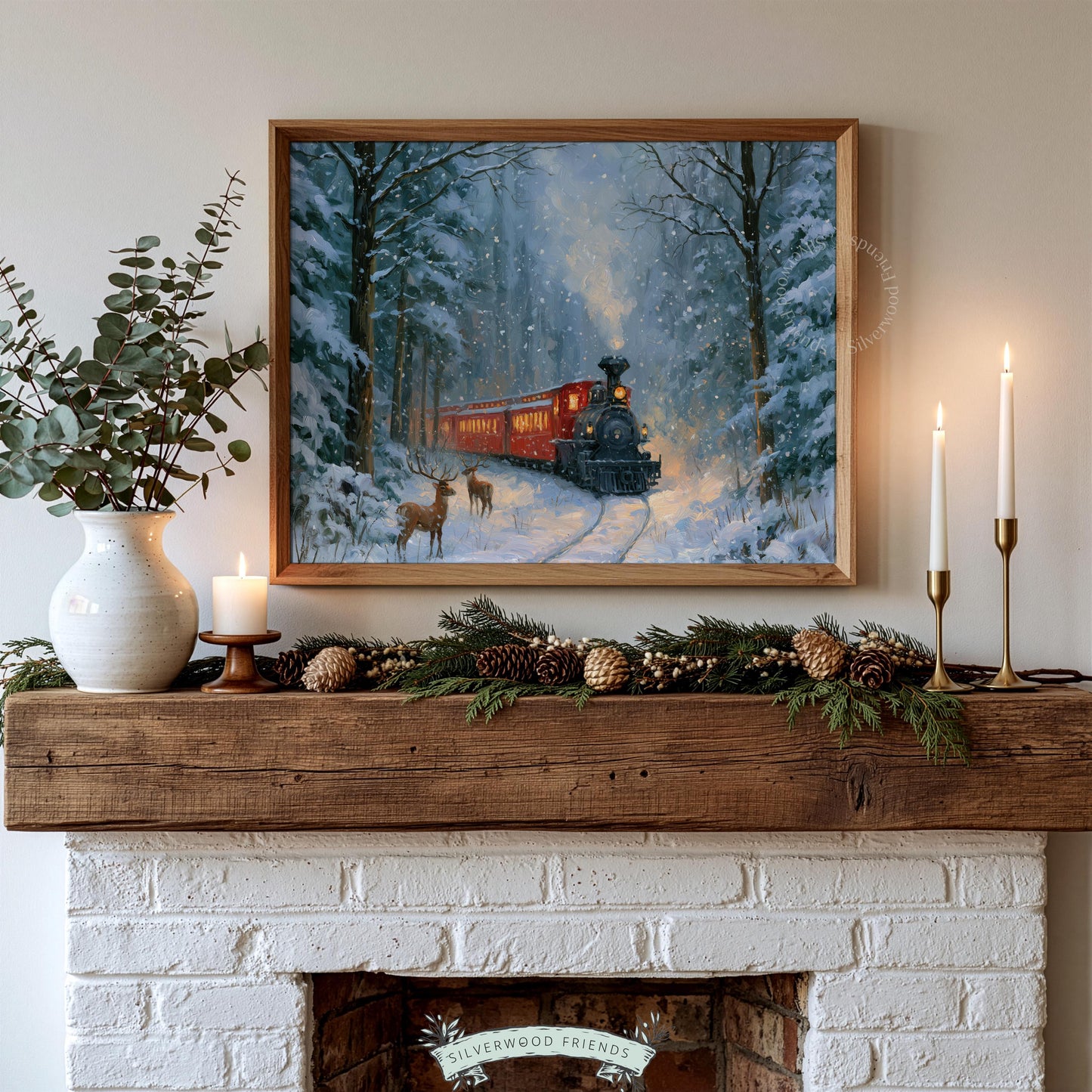 Warm-cool winter landscape painting digital file — nostalgic train journey through icy pine woodland