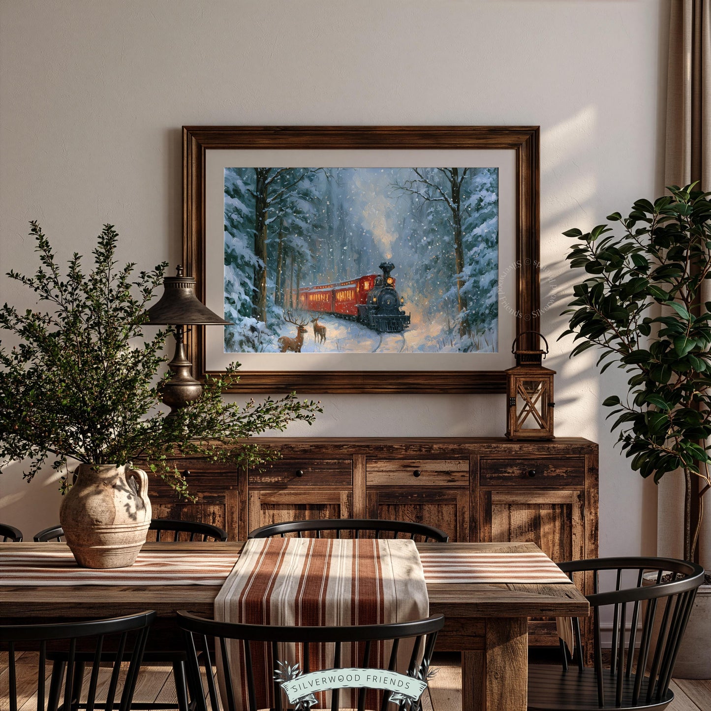 Cozy Christmas train picture for entryway decor — soft-textured vintage holiday illustration with deer