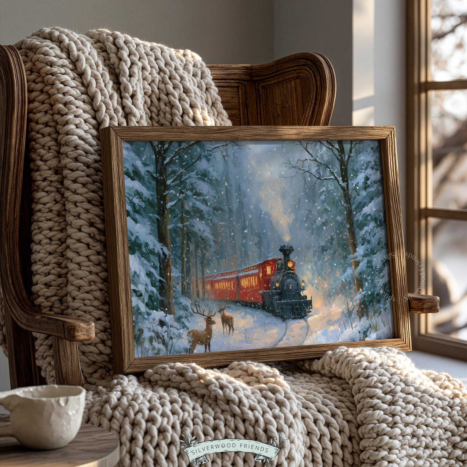Festive holiday train wall art for seasonal display — classic painted aesthetic with storybook winter feel