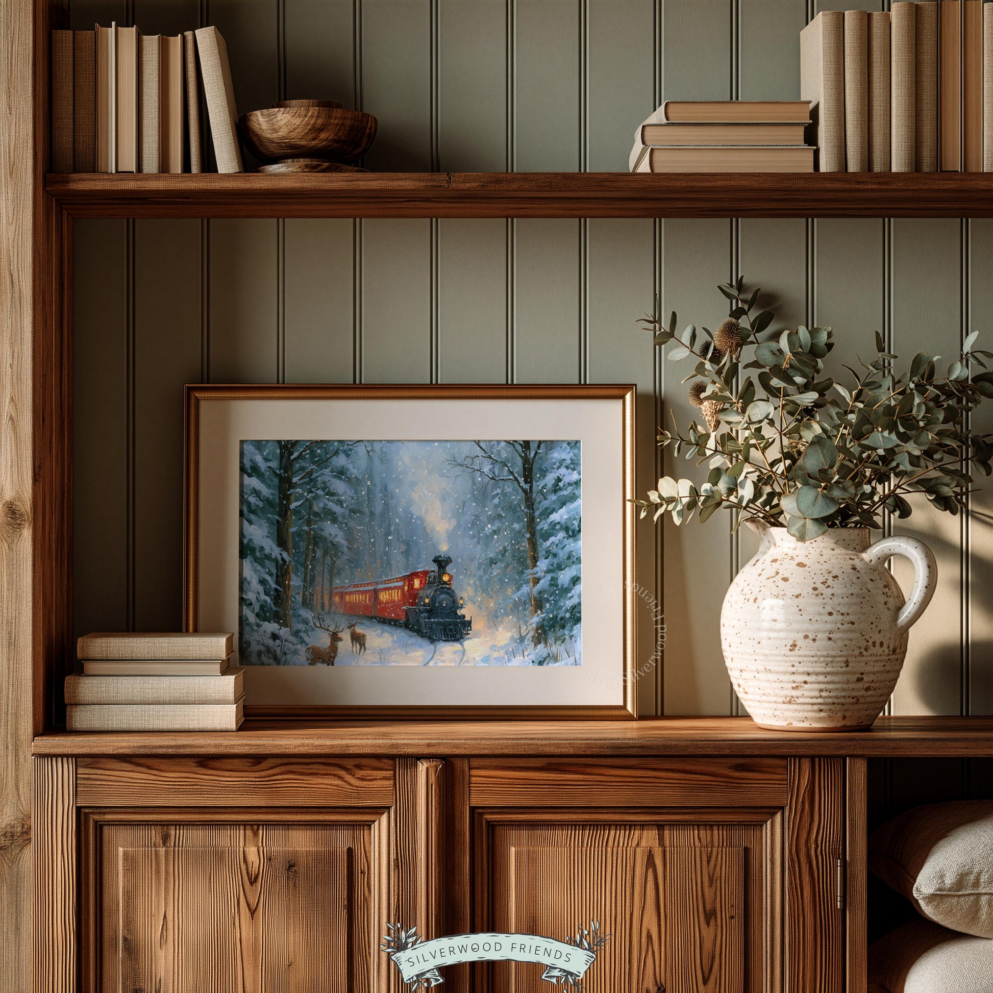 Holiday steam train picture digital download — textured vintage painting with pine trees and snowbank