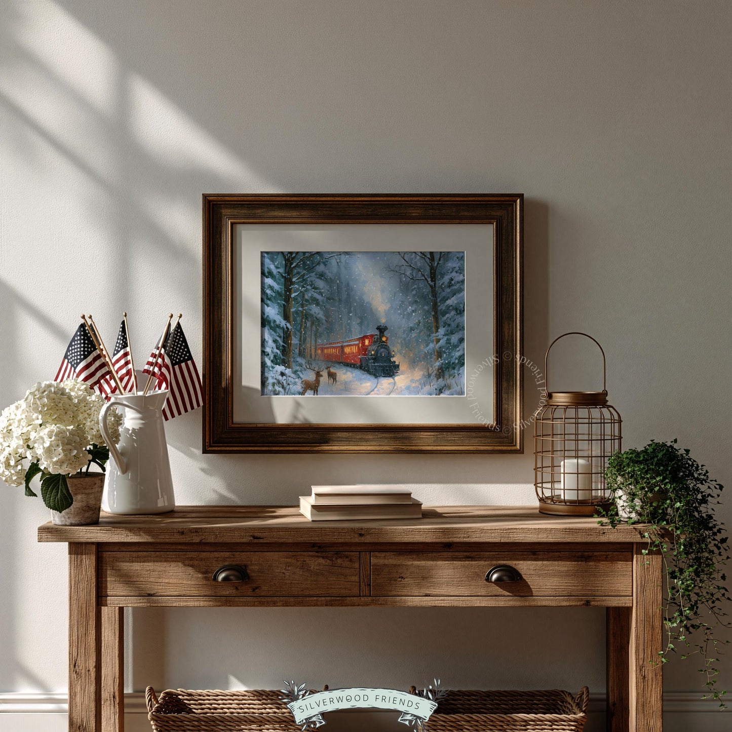 Winter train painting printable art for bedroom — cozy holiday scene with pine trees and storybook mood