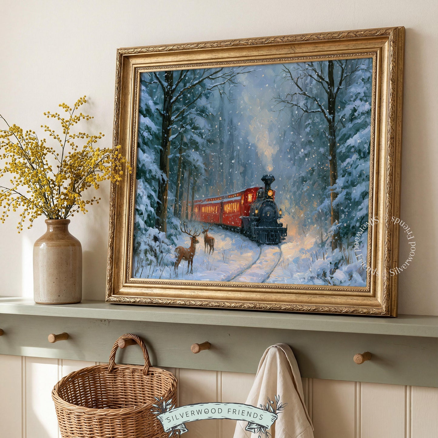 Retro Christmas train painting for home gallery — soft brushstrokes, amber light, frost-laden trees