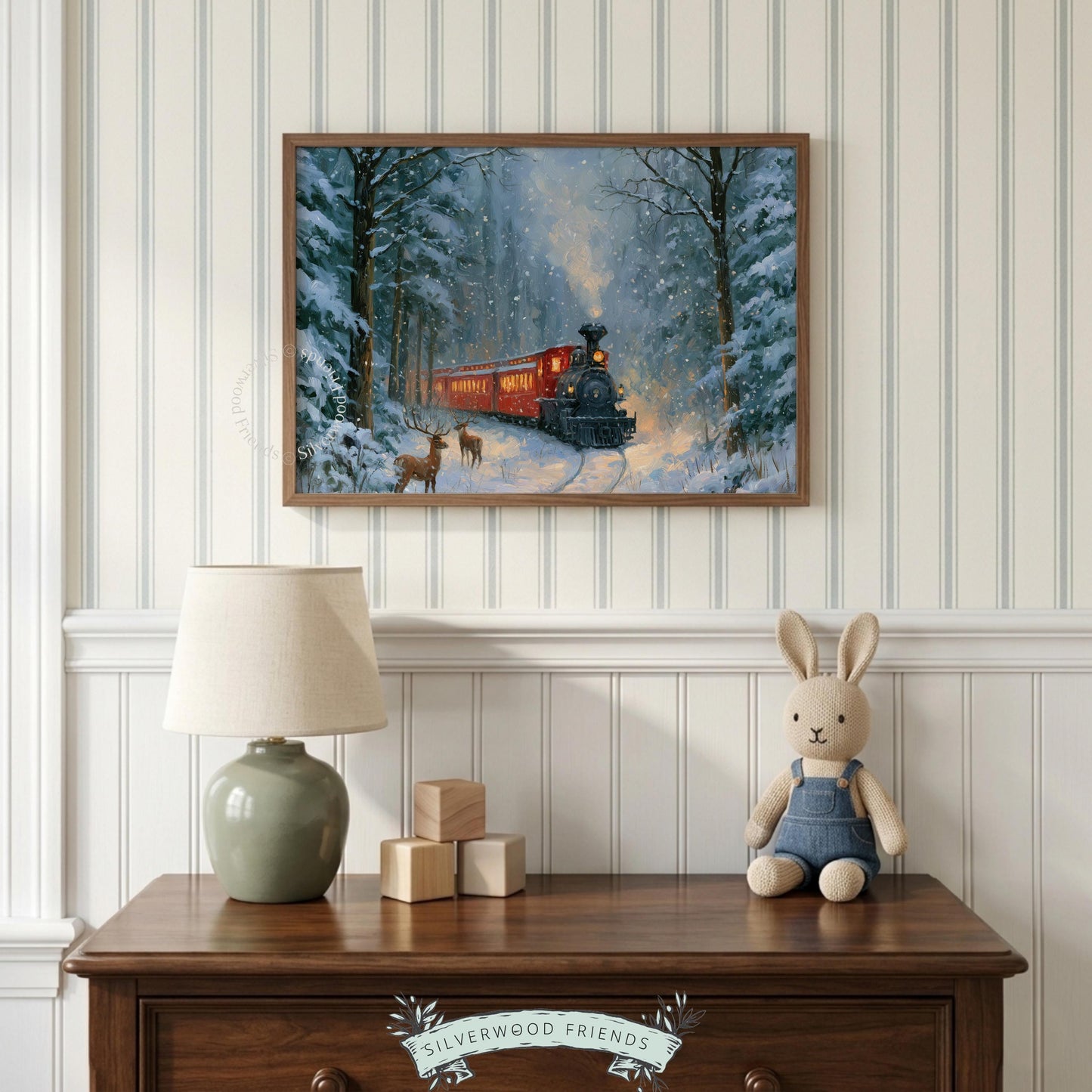 Winter wonderland digital print with steam engine — festive woodland picture for seasonal decorating