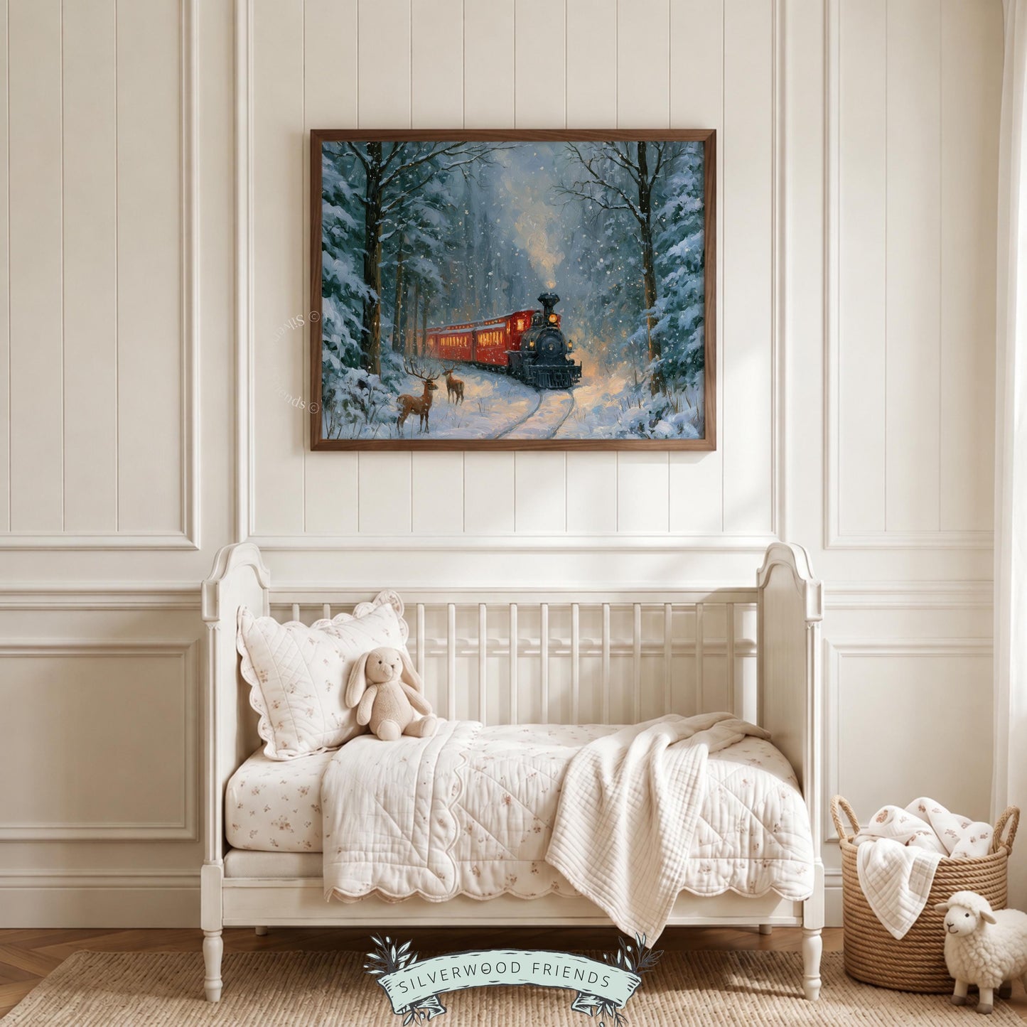 Vintage locomotive picture wall art for living room — festive forest landscape with glowing train windows