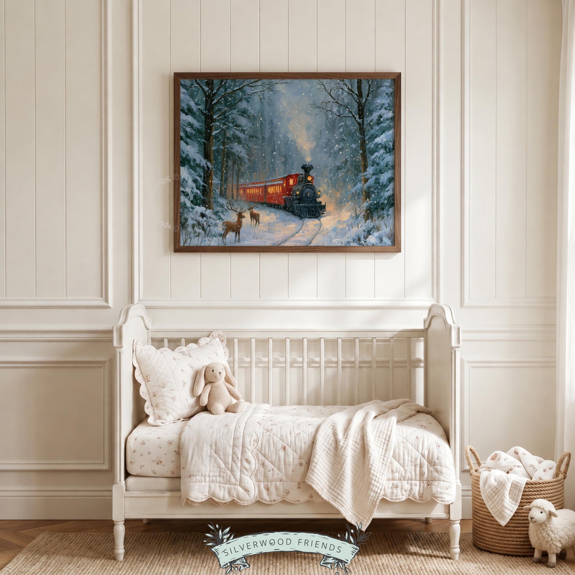 Vintage locomotive picture wall art for living room — festive forest landscape with glowing train windows