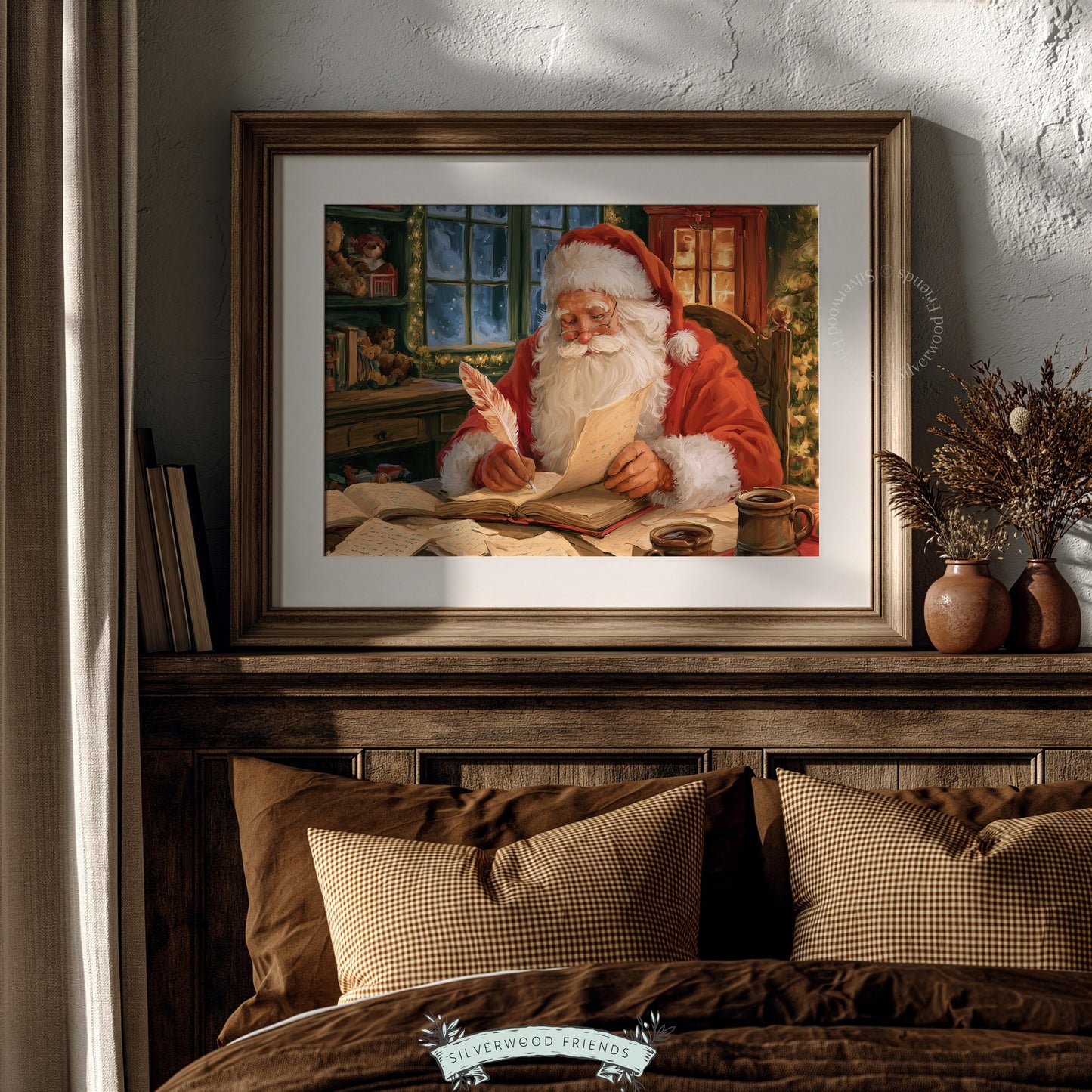 Jolly figure at writing desk print for holiday display — vintage oil-style painting with snow-dusted window backdrop