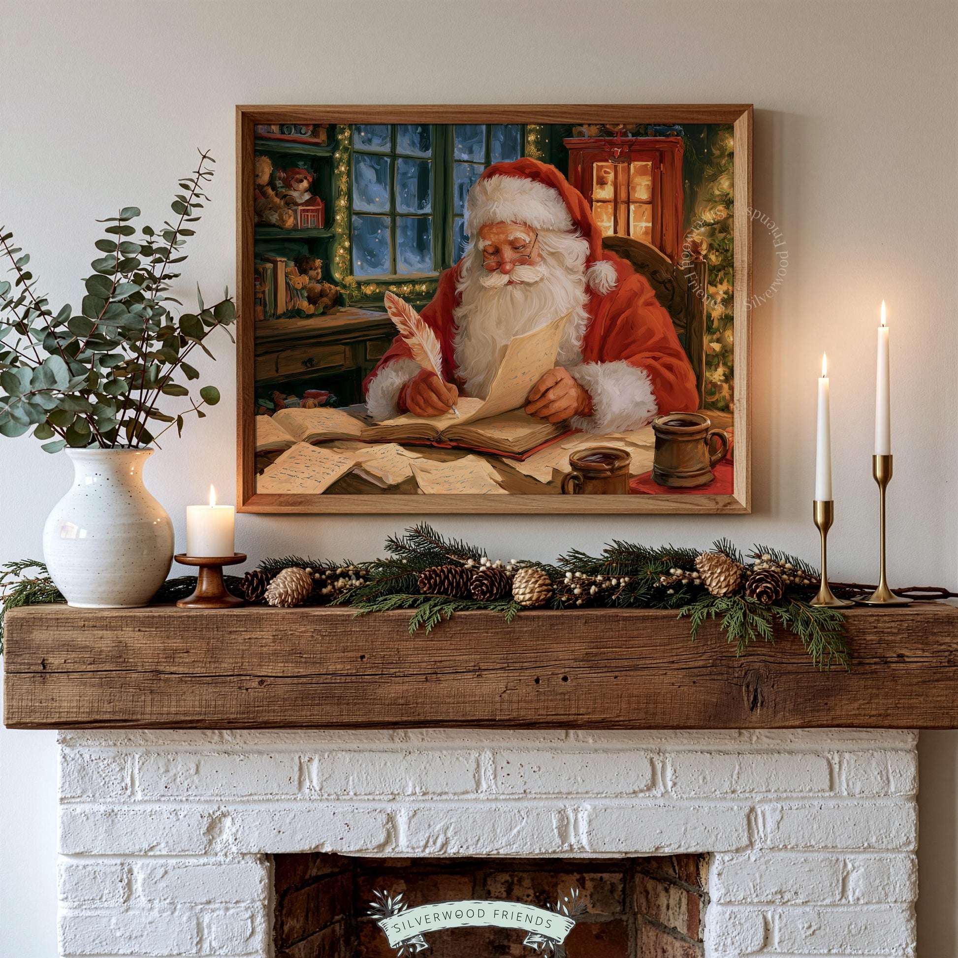 Cozy Christmas digital artwork for holiday gifting — North Pole study scene with rich jewel-tone palette and old-world charm