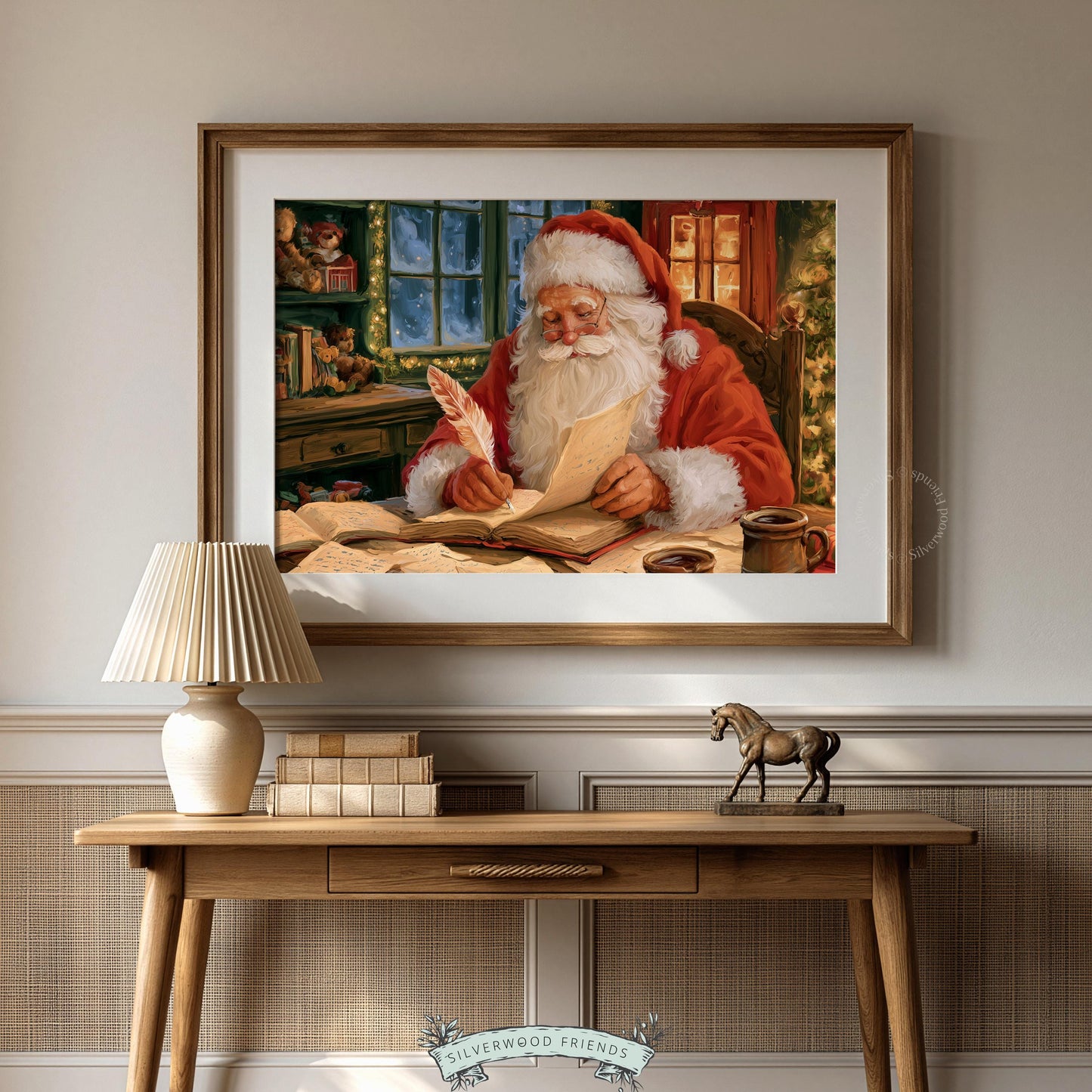 Nostalgic North Pole scene painting for hallway — vintage Christmas art with glowing tree and shelved toy collection