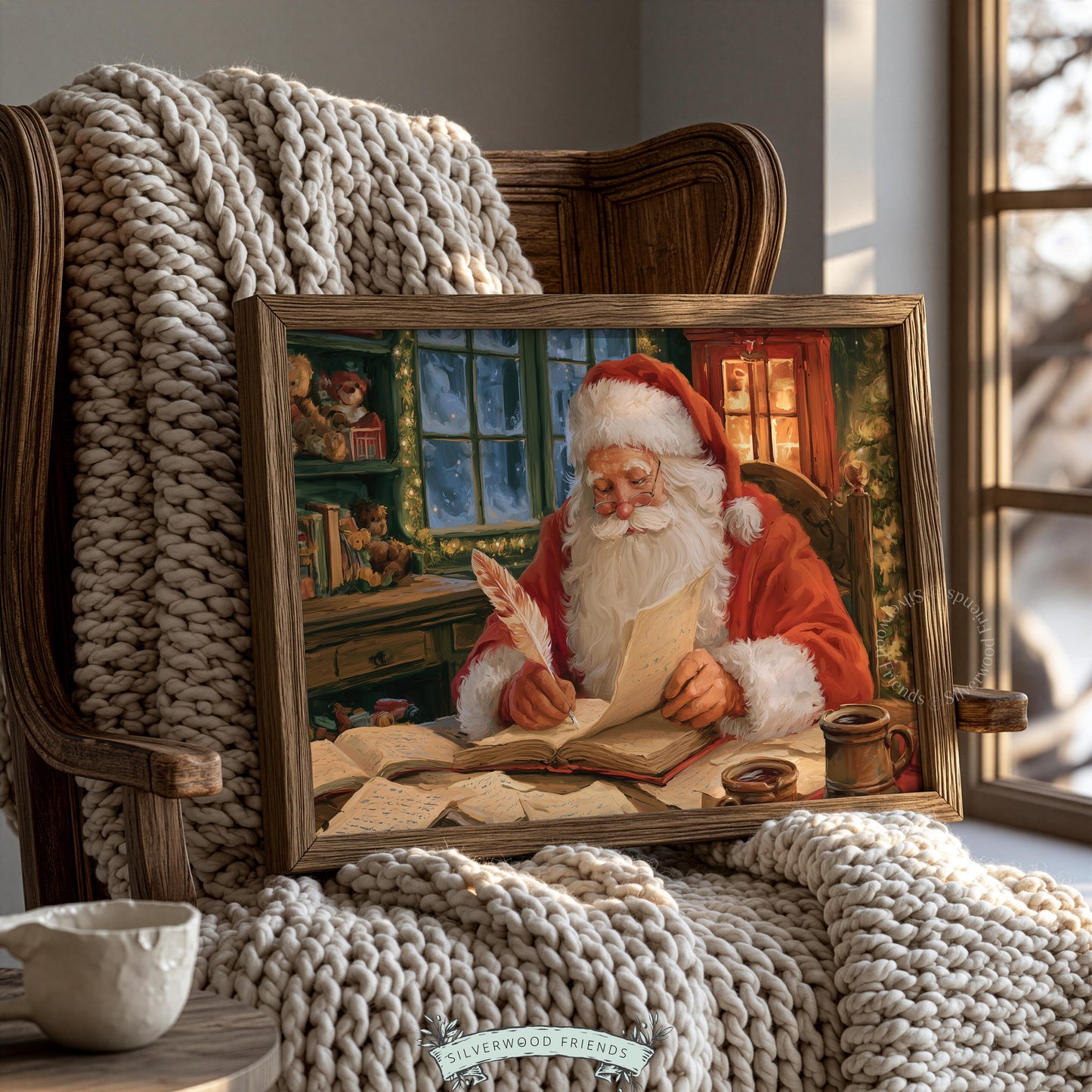 Festive cottage core holiday artwork poster — Santa reading correspondence in warm, painterly North Pole interior