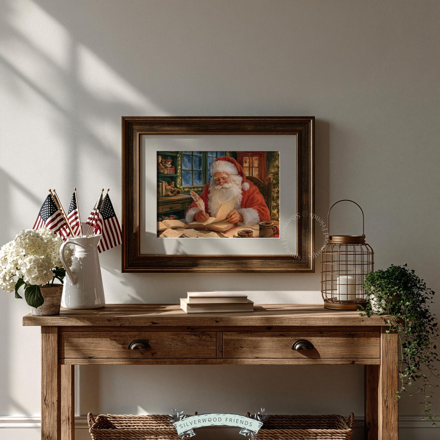 Classic Santa illustration wall art for den — quill pen, cluttered workspace, and glowing holiday ambiance